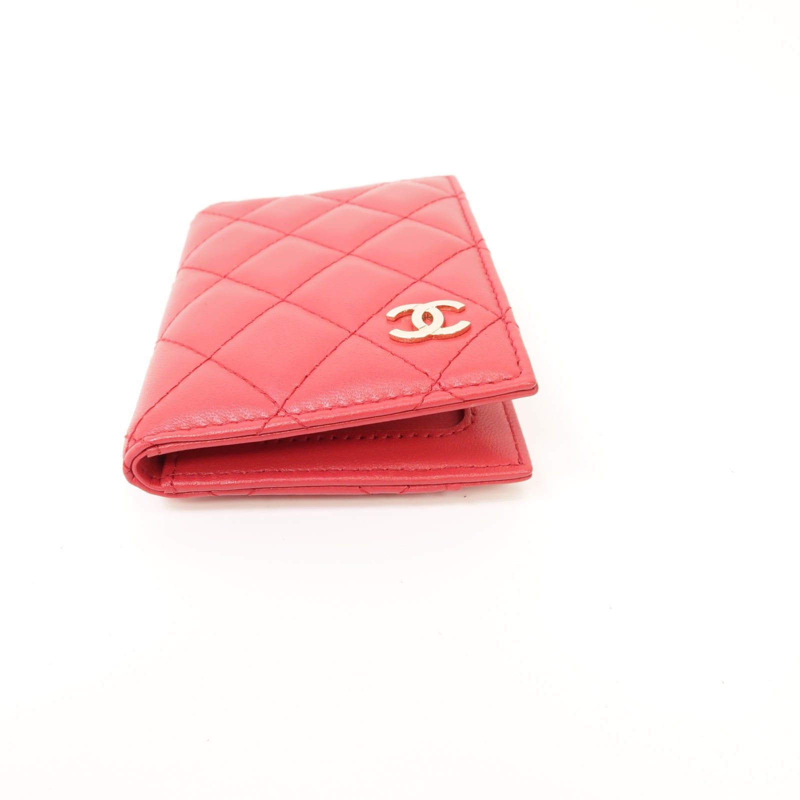 CHANEL 菱格羊皮皮革Card Case金扣卡片套紅色