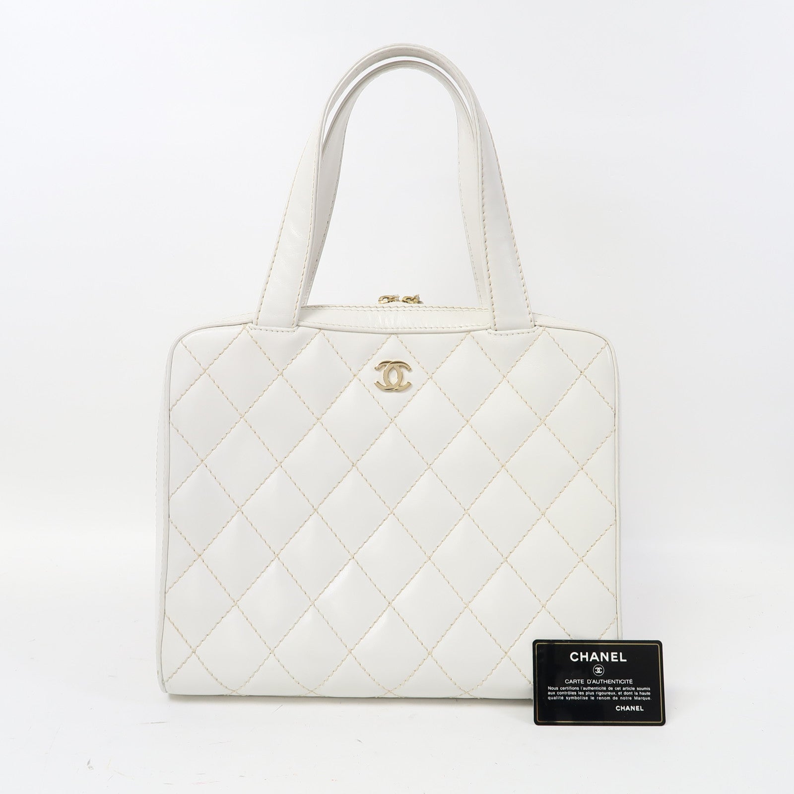 CHANEL 【激減優惠】菱格牛皮皮革Handbag金扣手挽袋白色