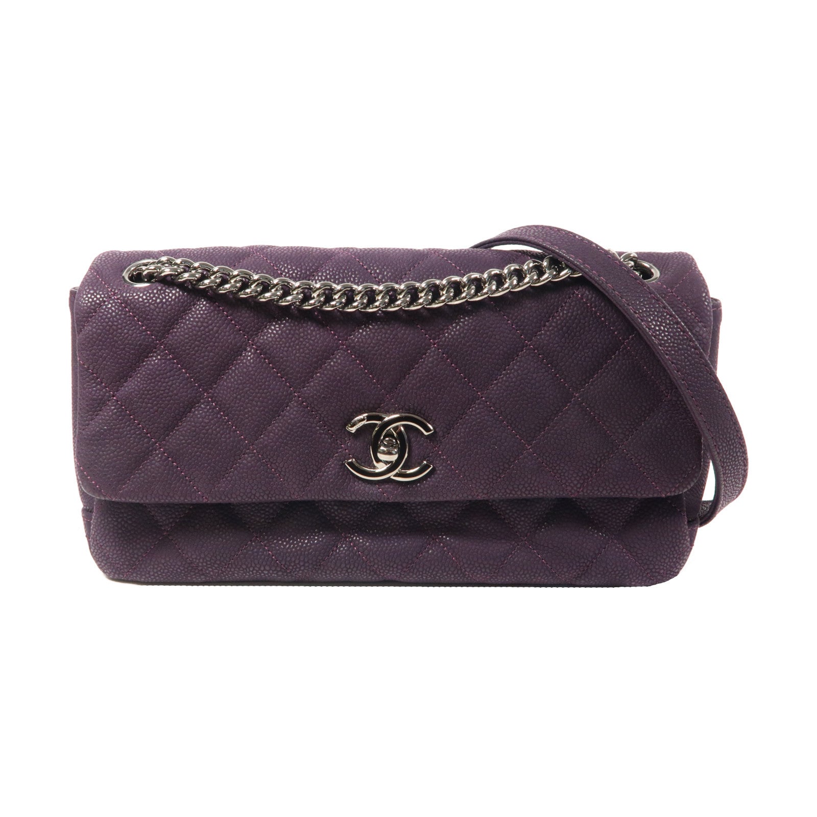 CHANEL 菱格Caviar皮革Chain Shoulder銀扣鏈帶肩背袋紫色