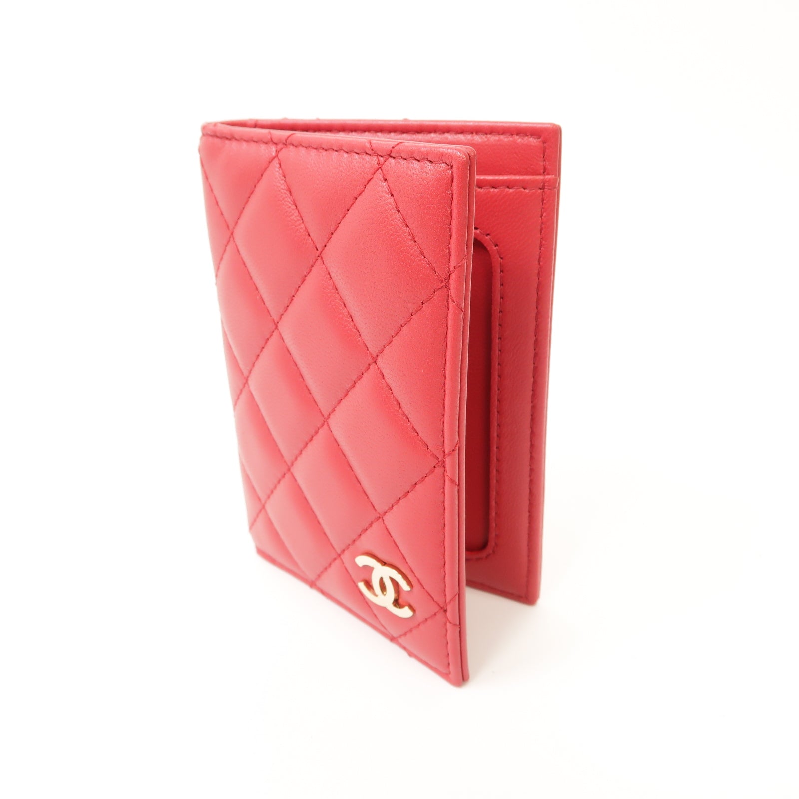 CHANEL 菱格羊皮皮革Card Case金扣卡片套紅色