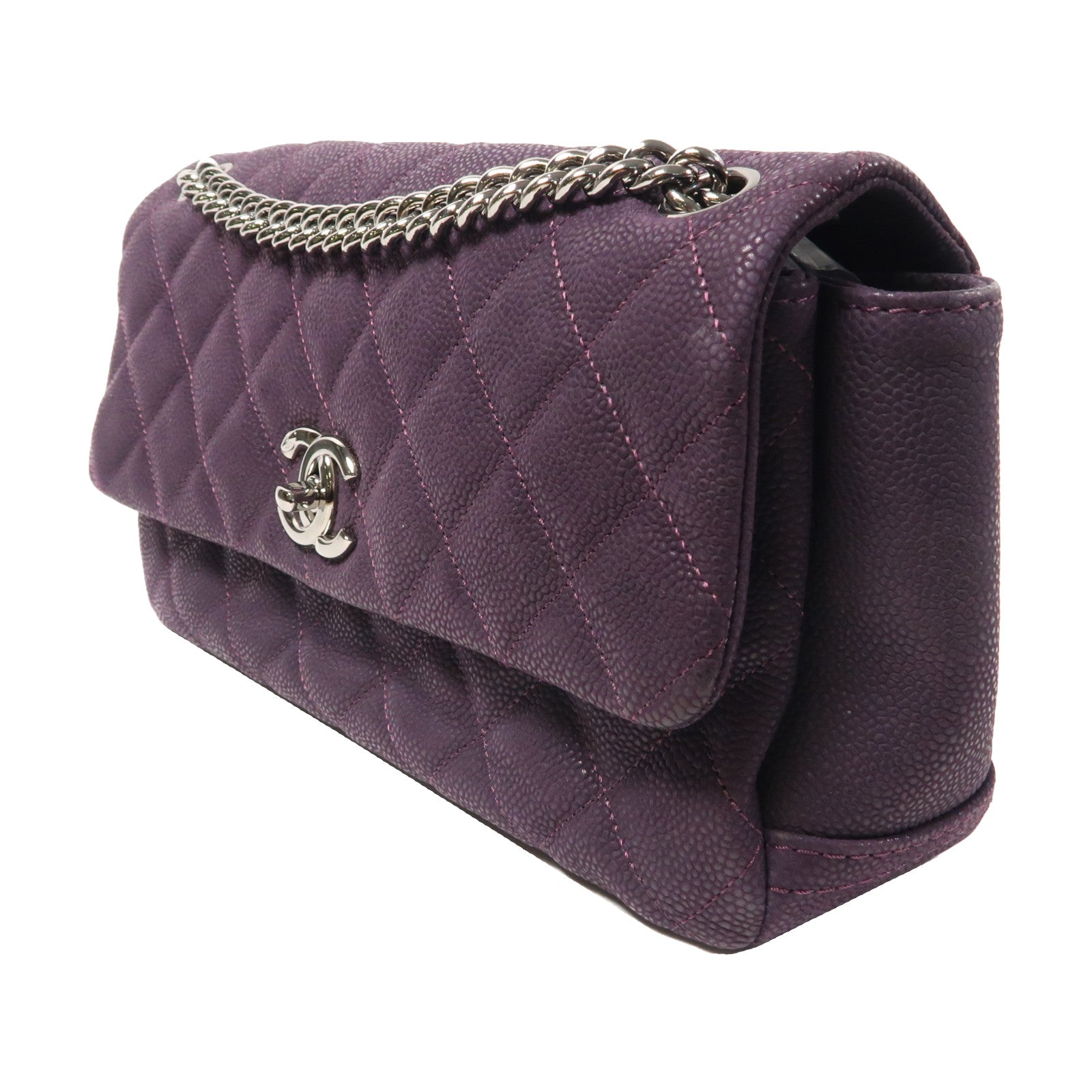 CHANEL 菱格Caviar皮革Chain Shoulder銀扣鏈帶肩背袋紫色