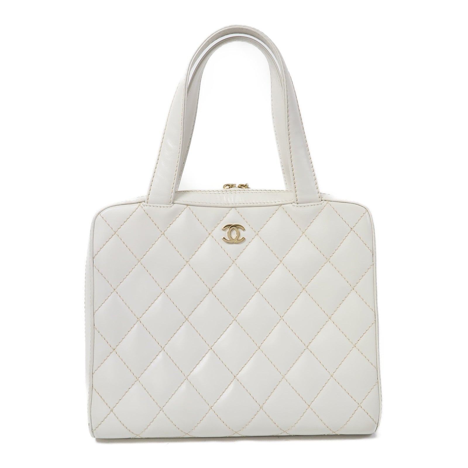 CHANEL 【激減優惠】菱格牛皮皮革Handbag金扣手挽袋白色
