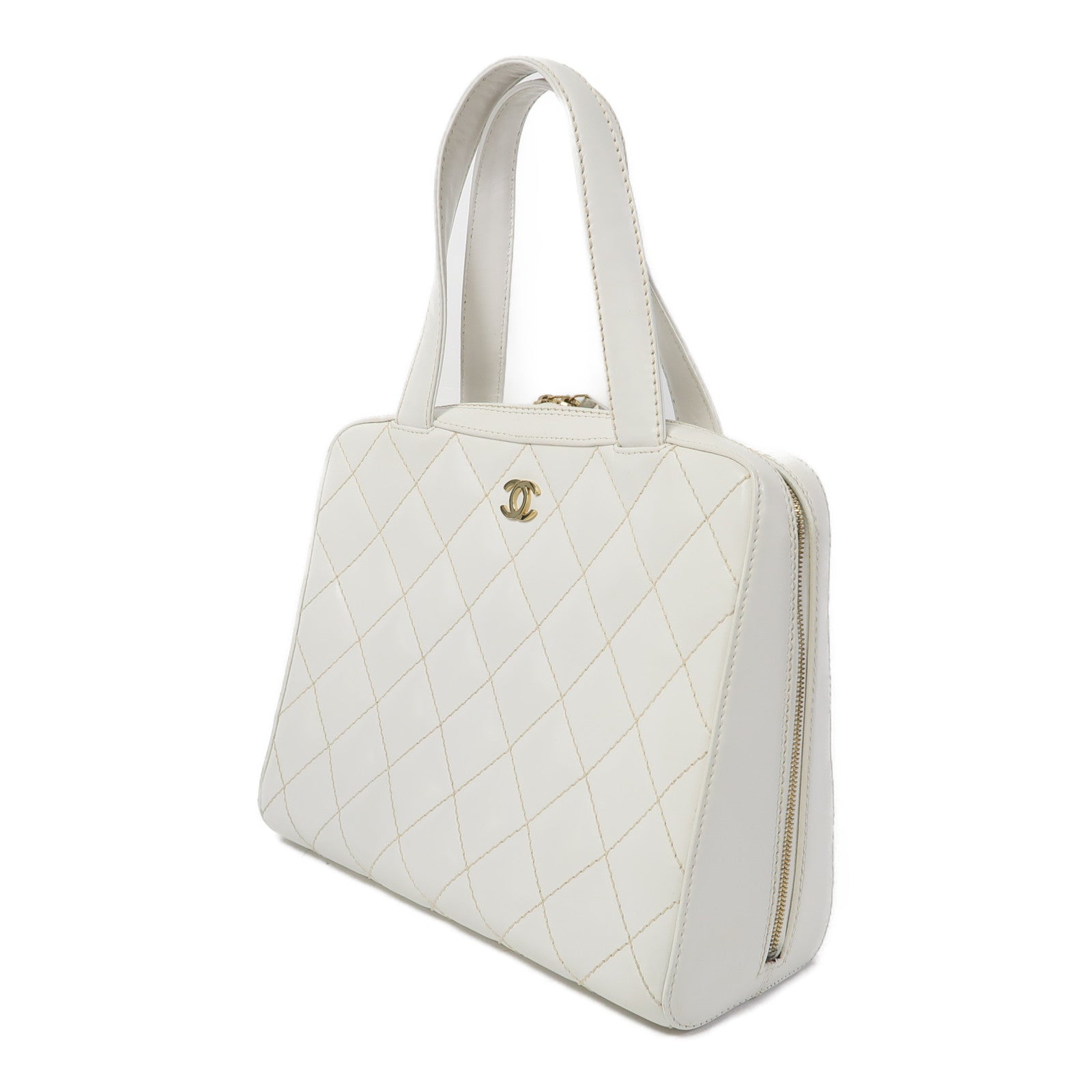 CHANEL 【激減優惠】菱格牛皮皮革Handbag金扣手挽袋白色