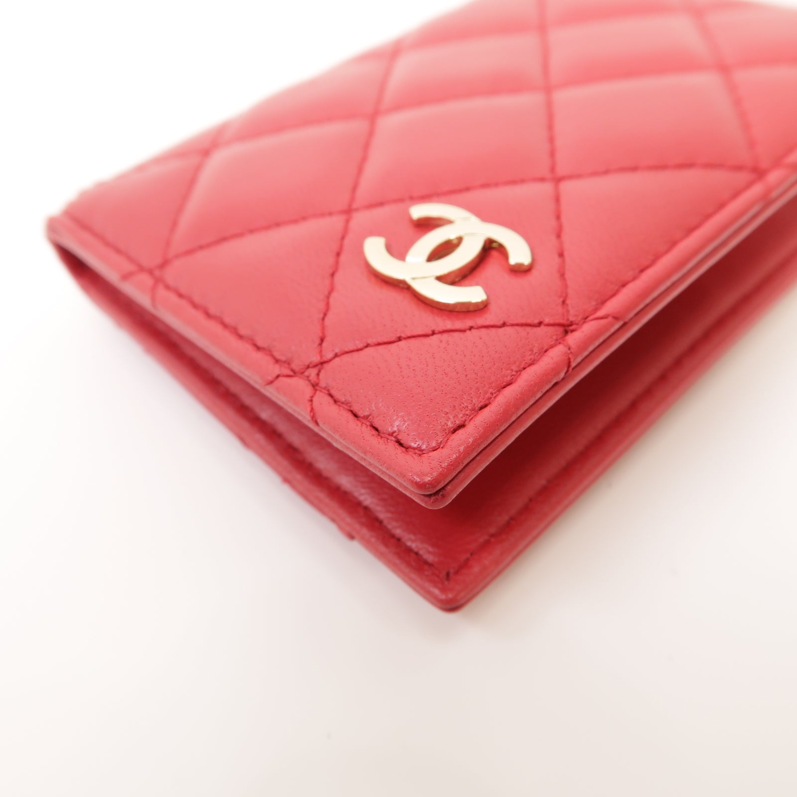 CHANEL 菱格羊皮皮革Card Case金扣卡片套紅色