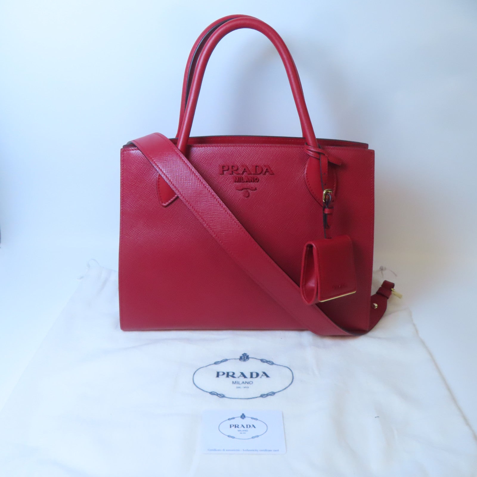 PRADA 【激減優惠】牛皮皮革Shoulder Bag金扣手挽肩背兩用袋紅色