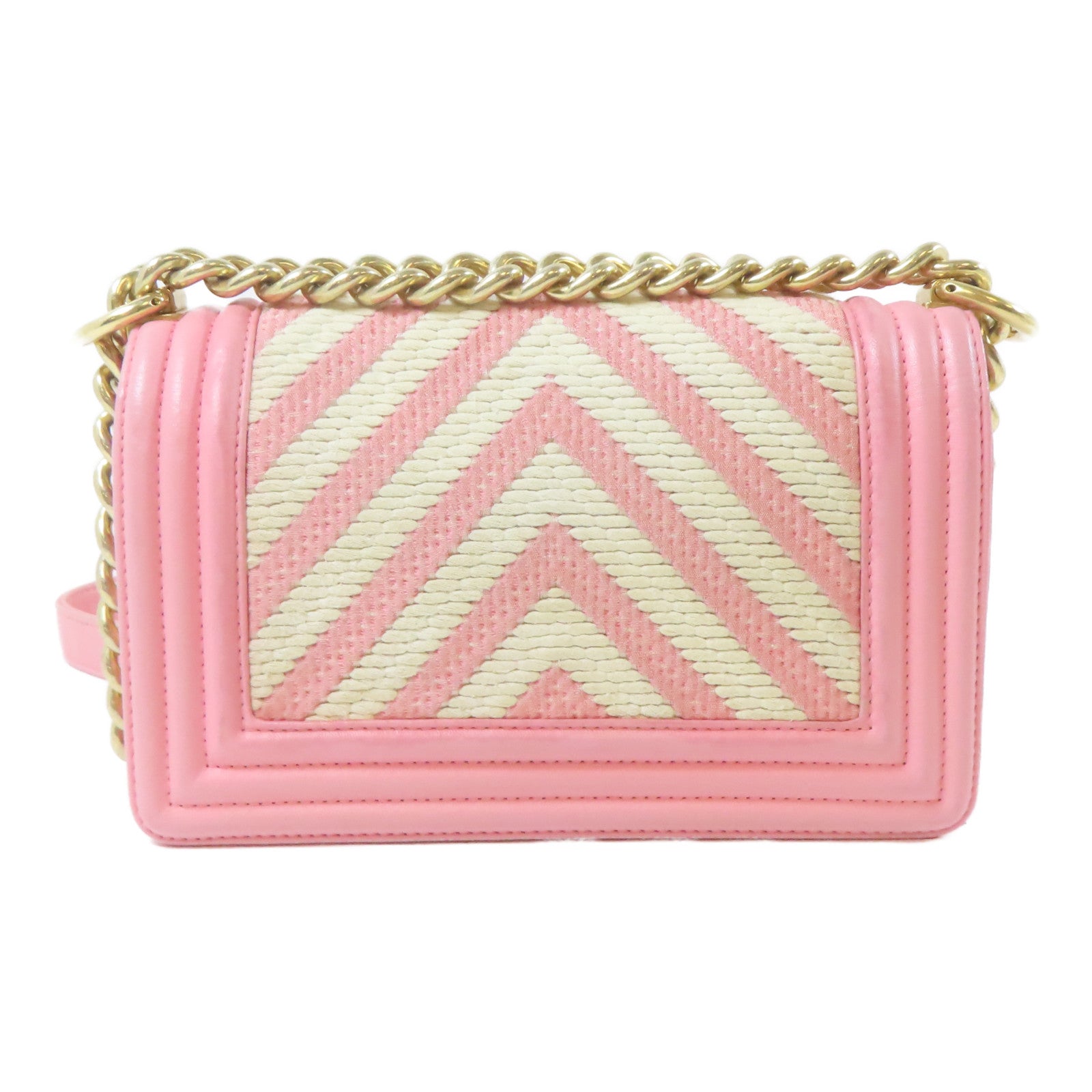 CHANEL 【激減優惠】羊皮皮革/帆布Boy Chanel金扣鏈帶肩背袋粉紅色/白色