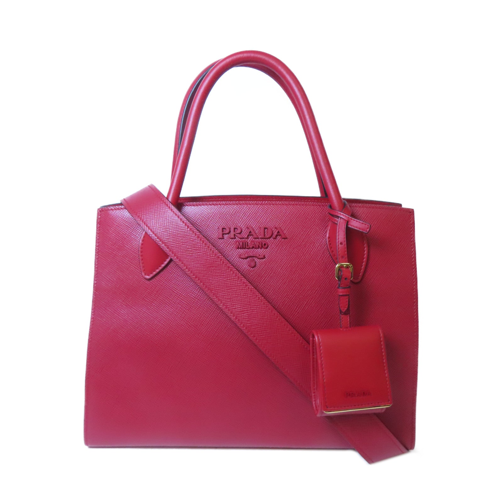 PRADA 【激減優惠】牛皮皮革Shoulder Bag金扣手挽肩背兩用袋紅色