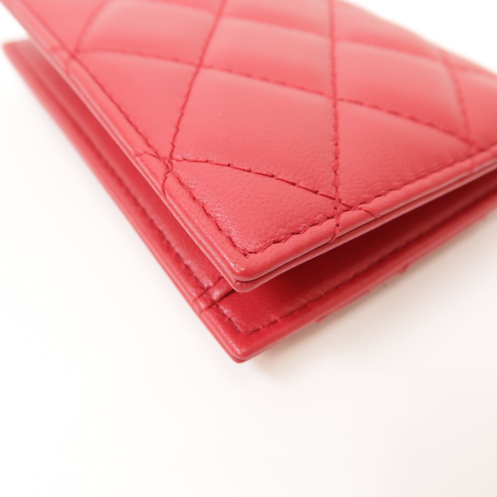 CHANEL 菱格羊皮皮革Card Case金扣卡片套紅色