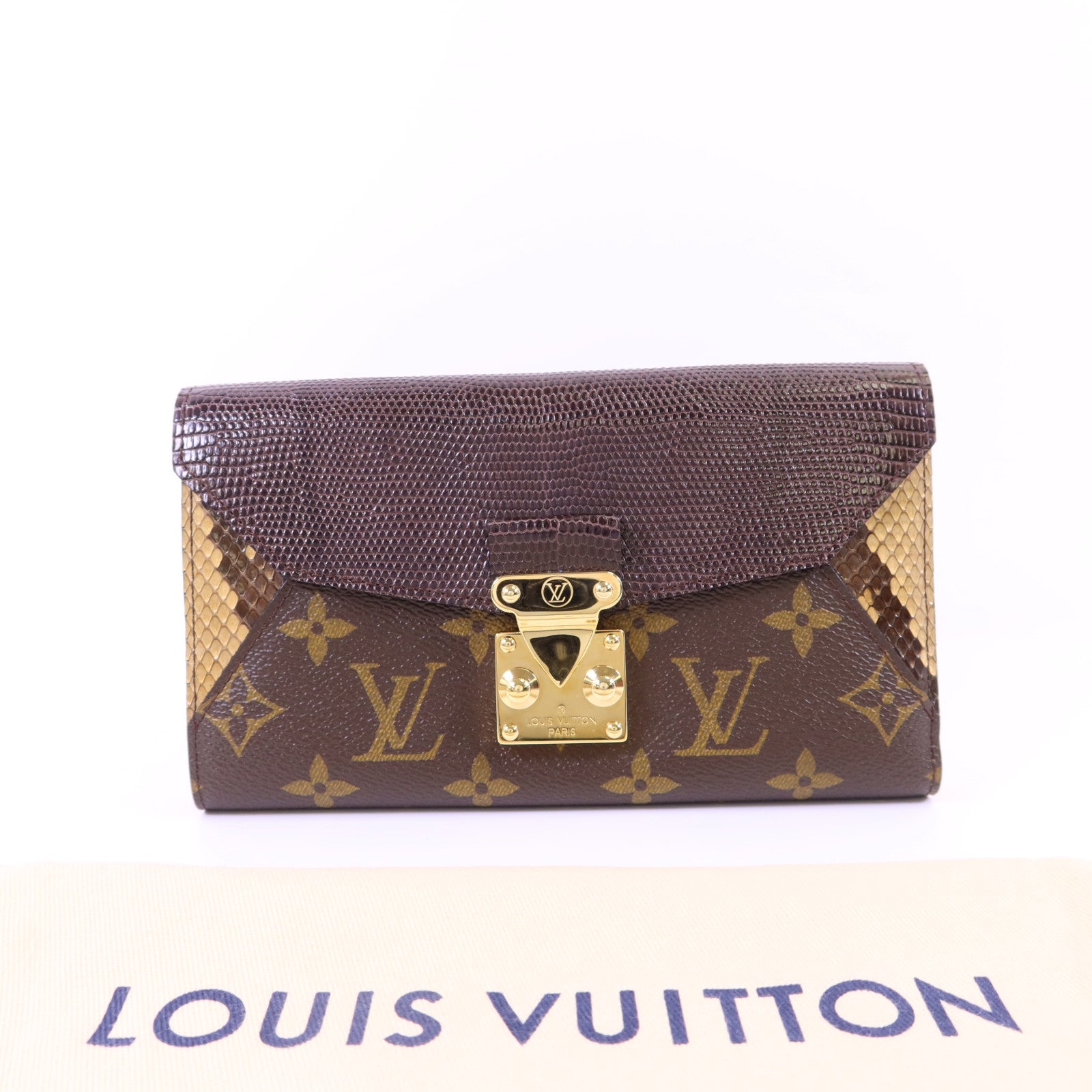 LOUIS VUITTON 蛇皮皮革/蜥蝪皮革/鴕鳥皮革/Monogram Long Trifold Wallet金扣長錢包
