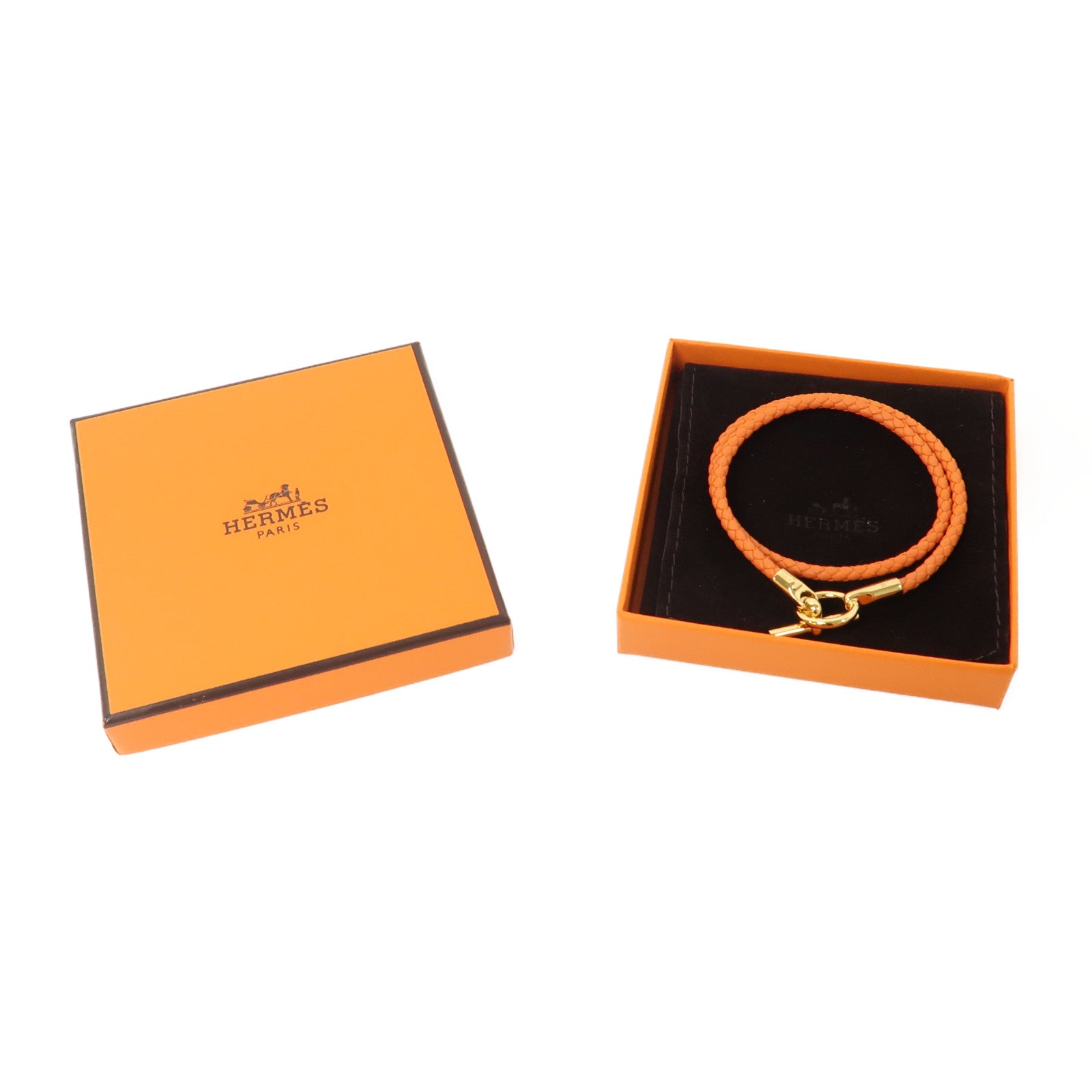 HERMES 牛皮皮革Glenan Double Tour Bracelet金扣手鏈橙色