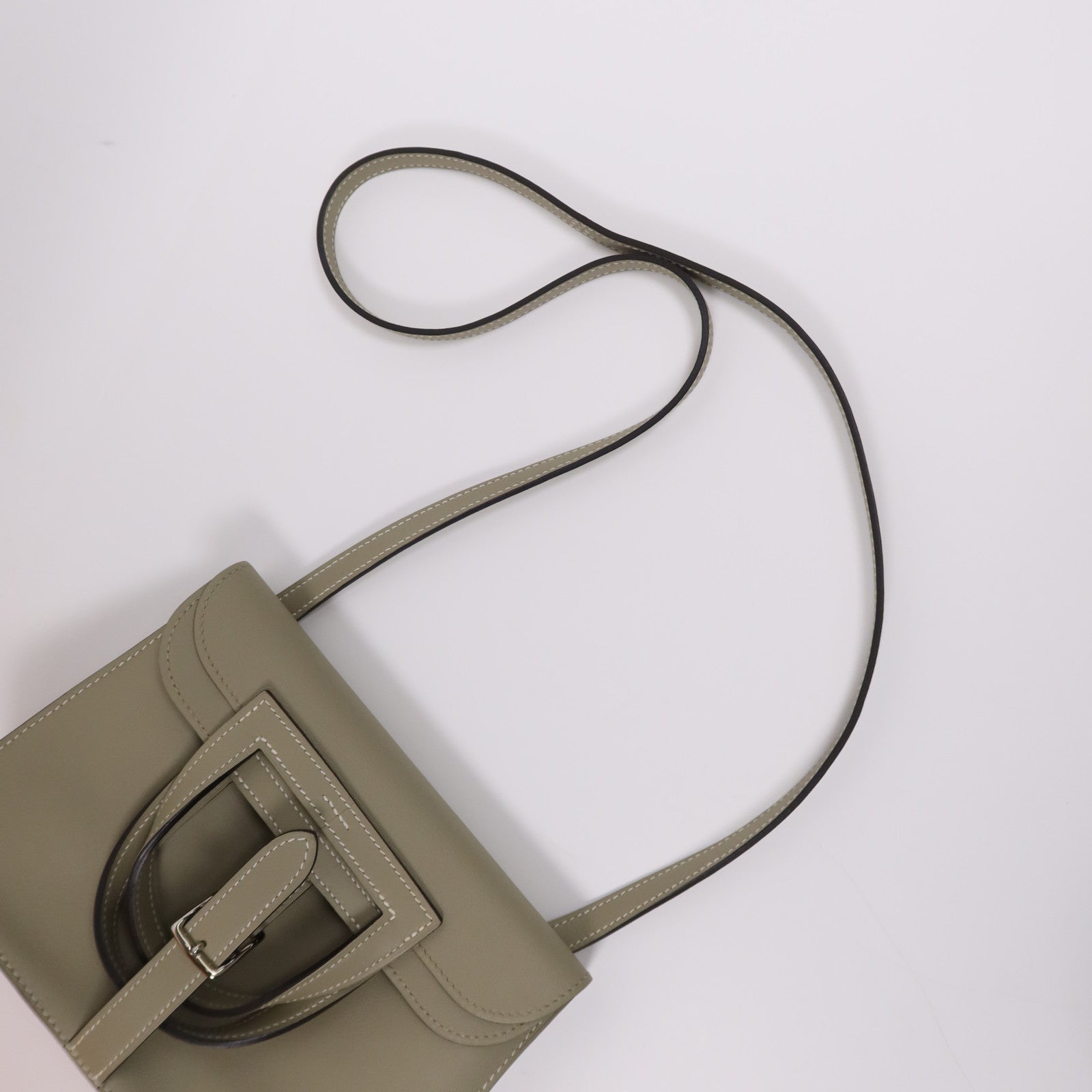 HERMES Swift皮革Mini Halzan銀扣手挽肩背兩用袋Sauge