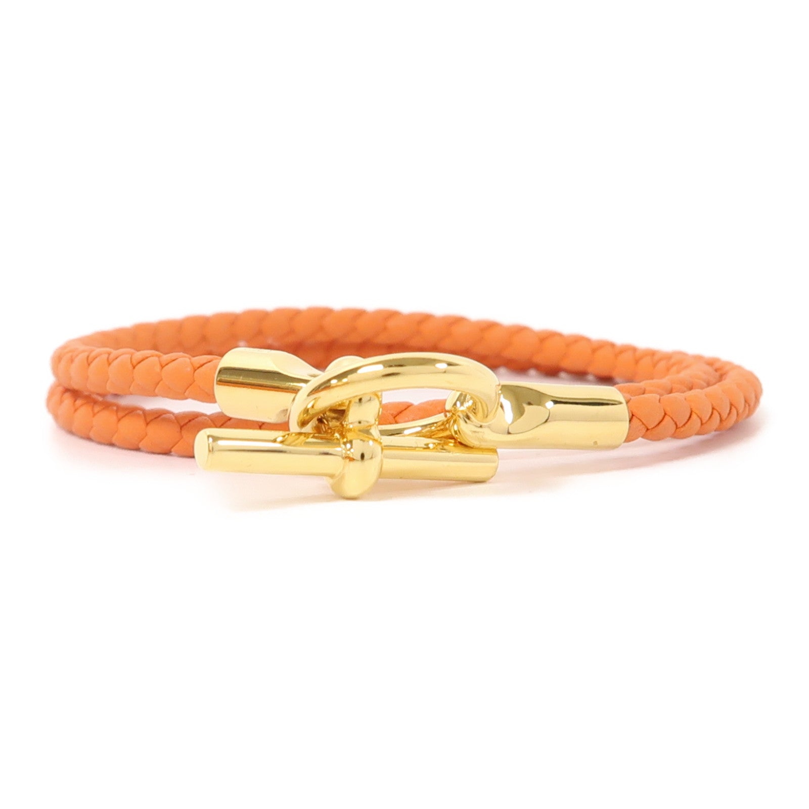 HERMES 牛皮皮革Glenan Double Tour Bracelet金扣手鏈橙色