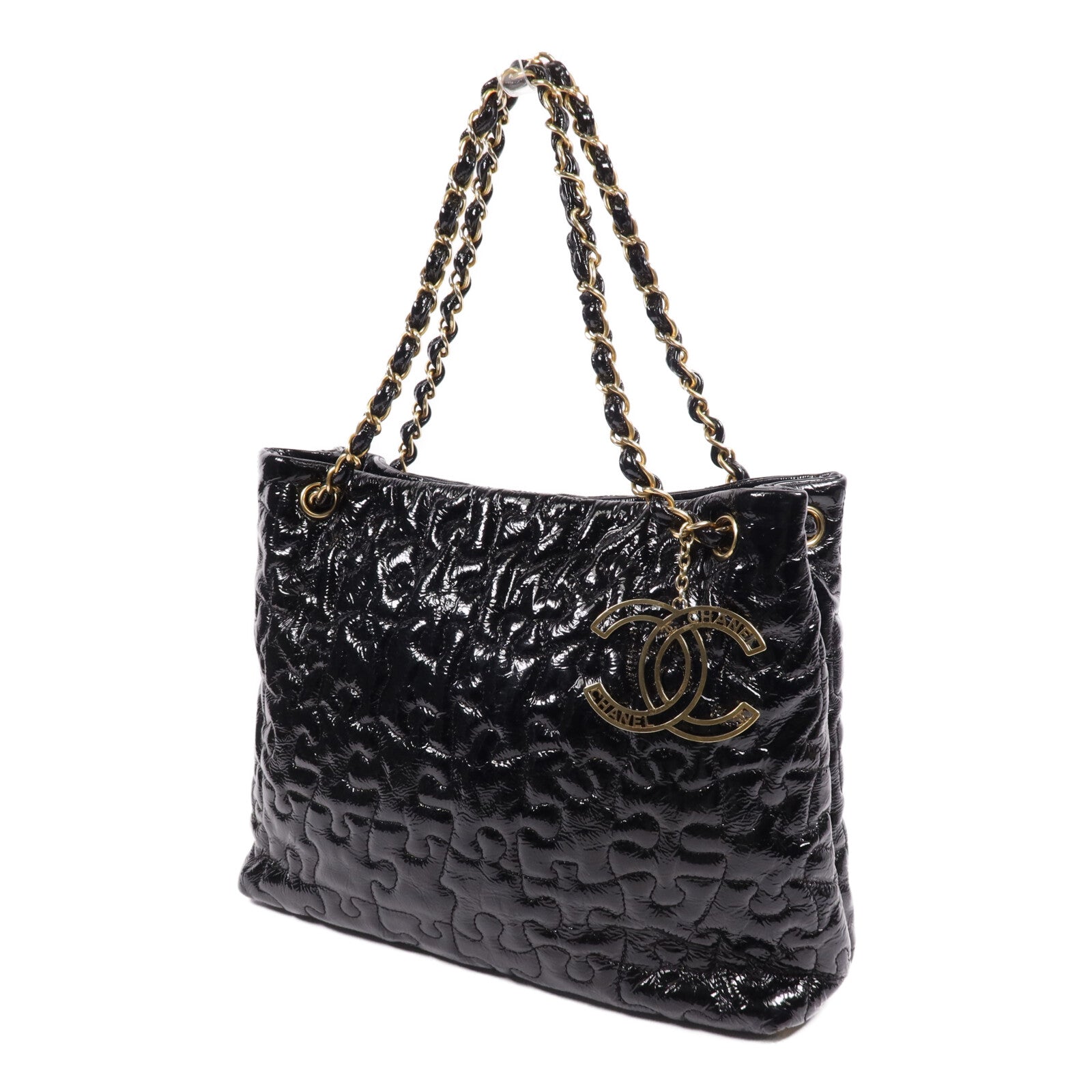 CHANEL 漆皮皮革Chain Tote金扣鏈帶手挽袋