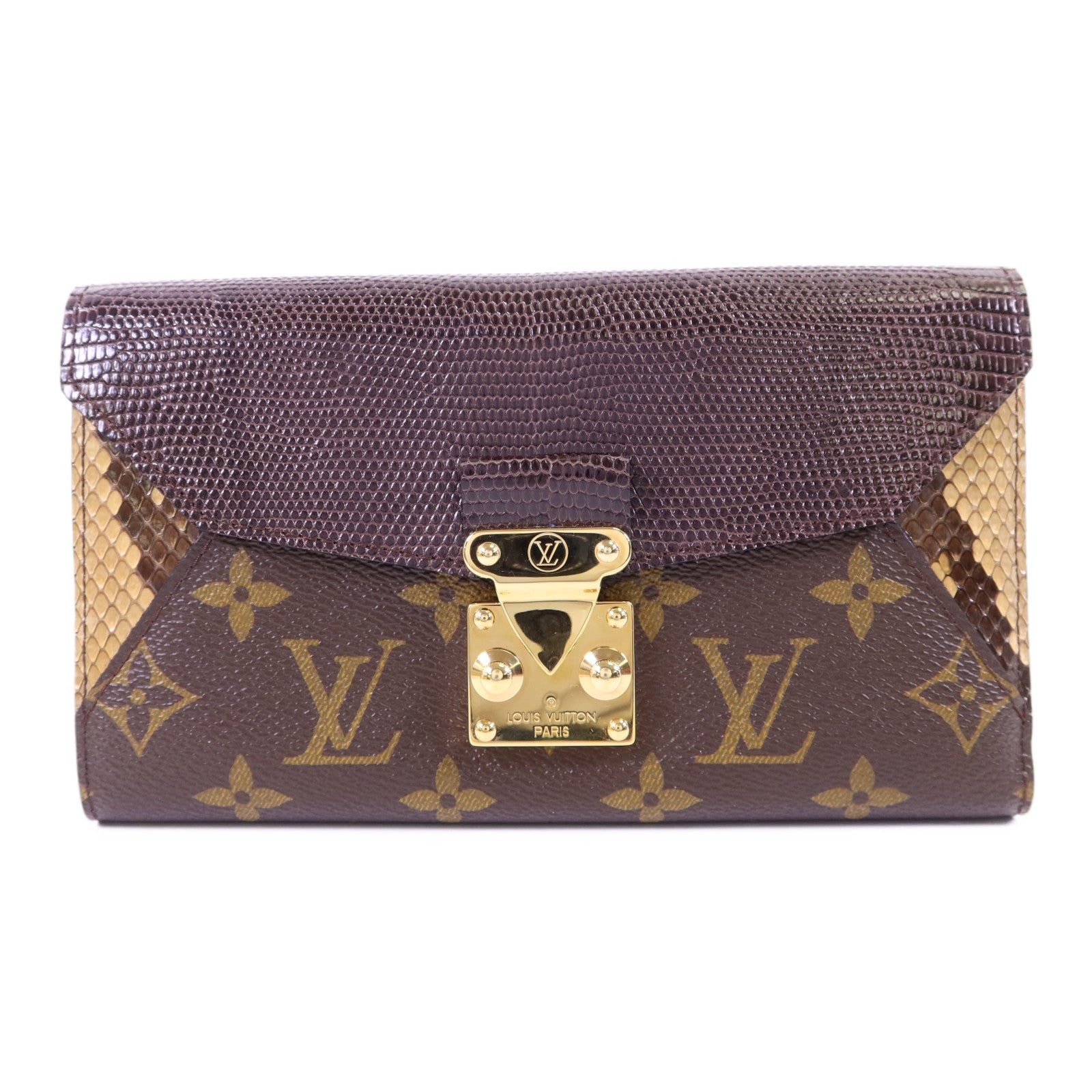 LOUIS VUITTON 蛇皮皮革/蜥蝪皮革/鴕鳥皮革/Monogram Long Trifold Wallet金扣長錢包
