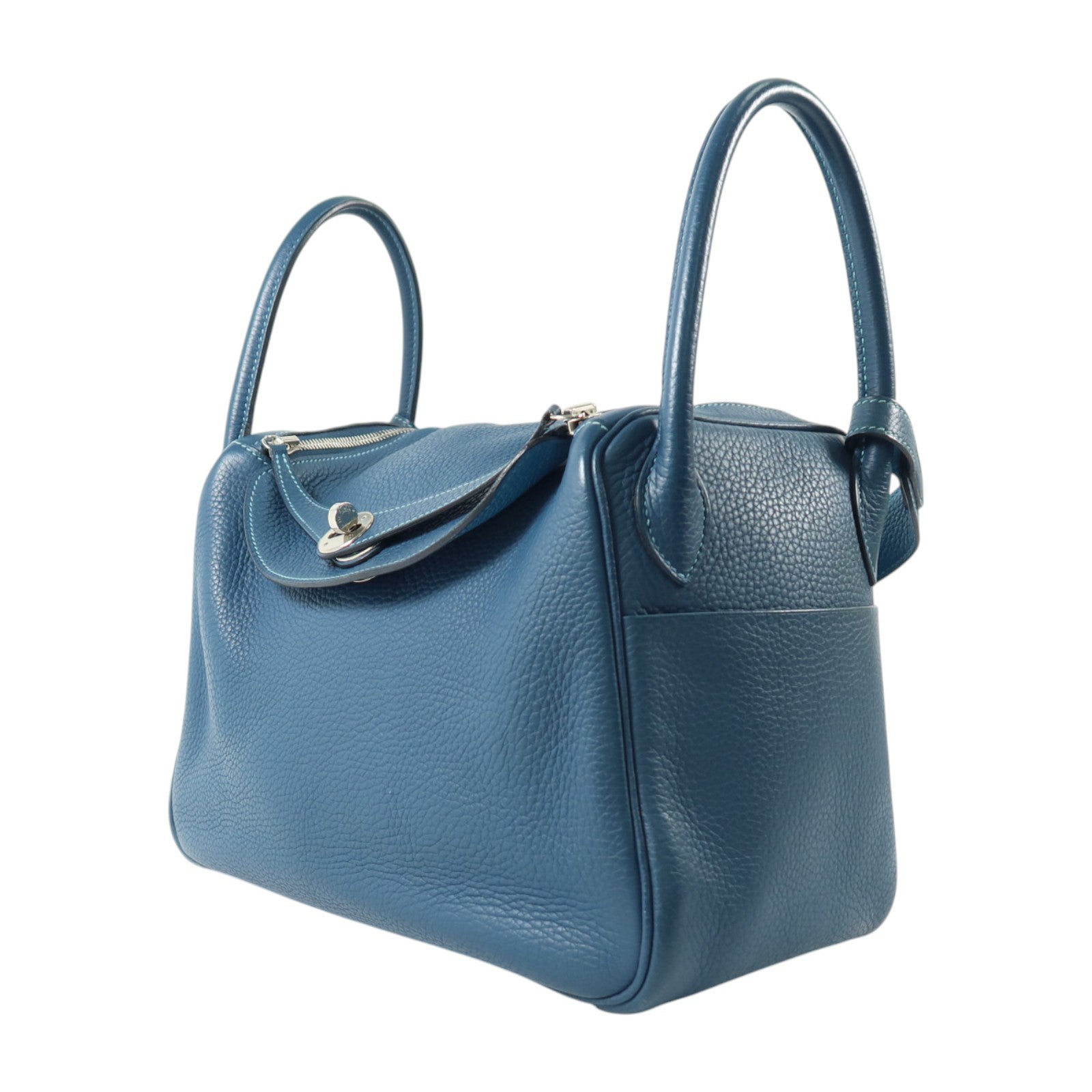 HERMES Clemence皮革Lindy 30銀扣手挽肩背兩用袋Turquoise/Colvert