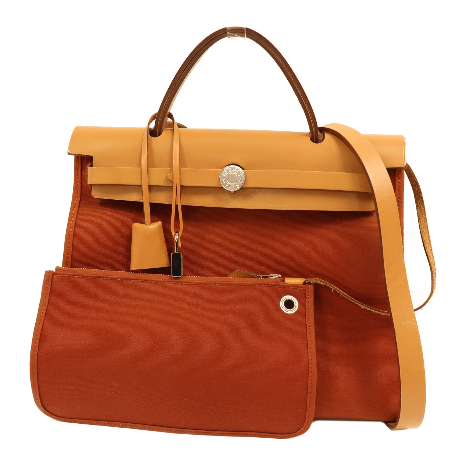 HERMES 帆布Herbag PM銀扣手挽肩背兩用袋古銅色