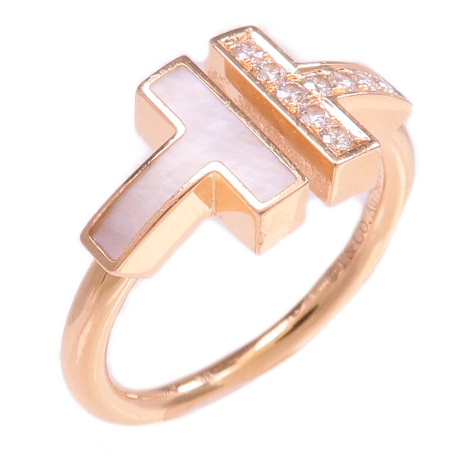 TIFFANY＆CO 18K玫瑰金T Wire Ring珍珠母貝/鑽石戒指US#4