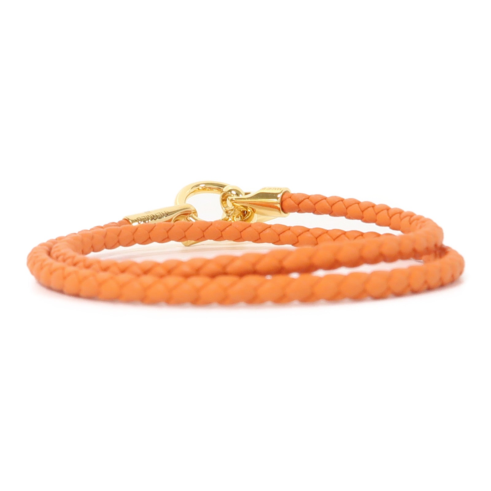 HERMES 牛皮皮革Glenan Double Tour Bracelet金扣手鏈橙色