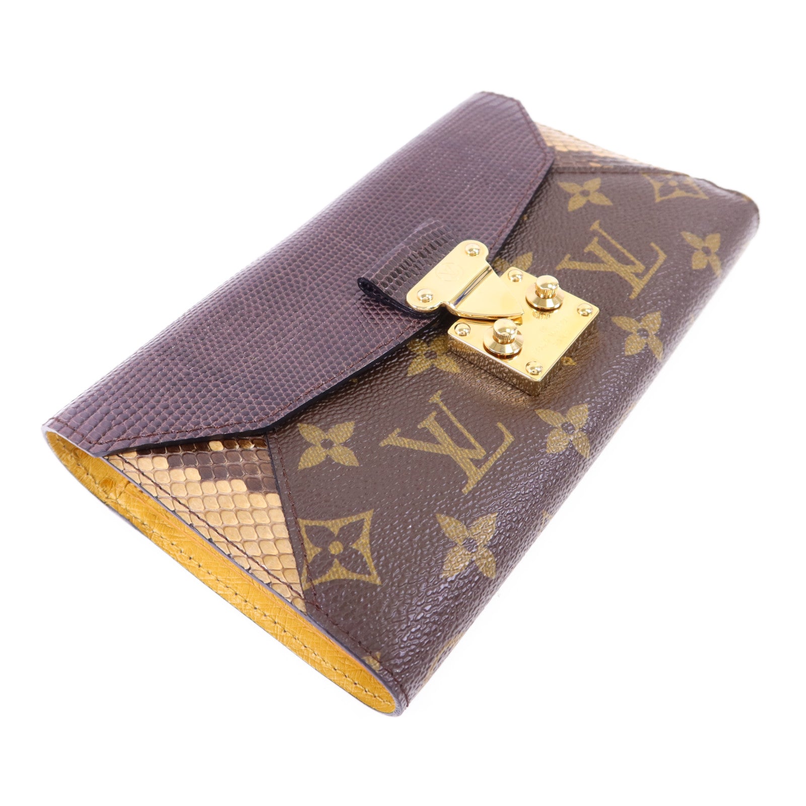 LOUIS VUITTON 蛇皮皮革/蜥蝪皮革/鴕鳥皮革/Monogram Long Trifold Wallet金扣長錢包
