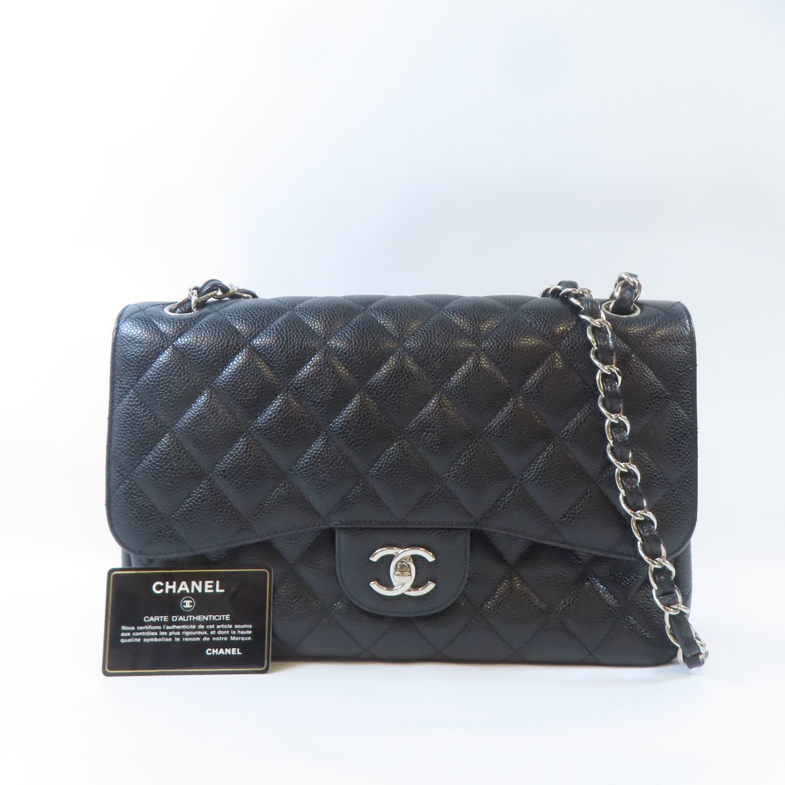 CHANEL 菱格牛皮皮革Jumbo Double Flap Classic Bag銀扣鏈帶肩背袋黑色