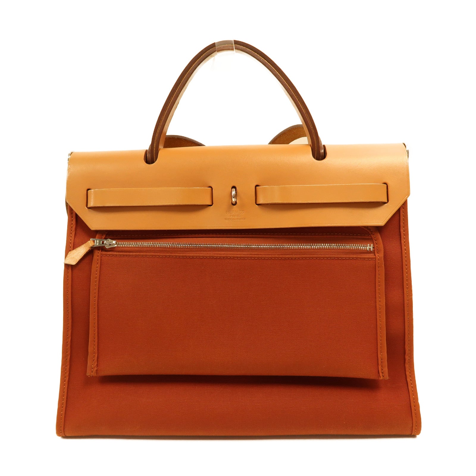 HERMES 帆布Herbag PM銀扣手挽肩背兩用袋古銅色