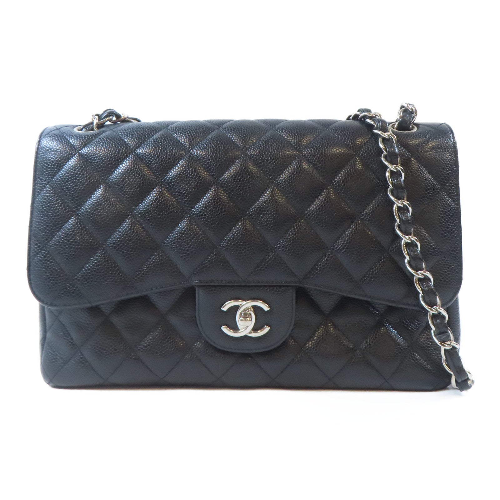 CHANEL 菱格牛皮皮革Jumbo Double Flap Classic Bag銀扣鏈帶肩背袋黑色