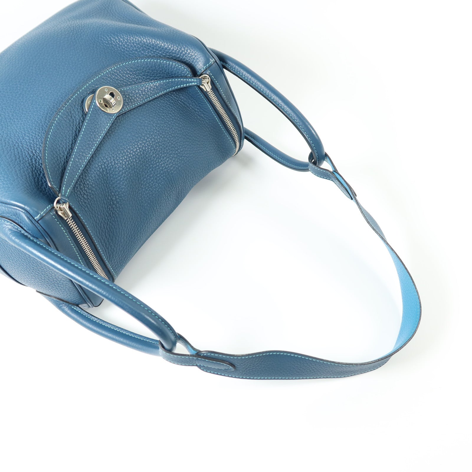 HERMES Clemence皮革Lindy 30銀扣手挽肩背兩用袋Turquoise/Colvert
