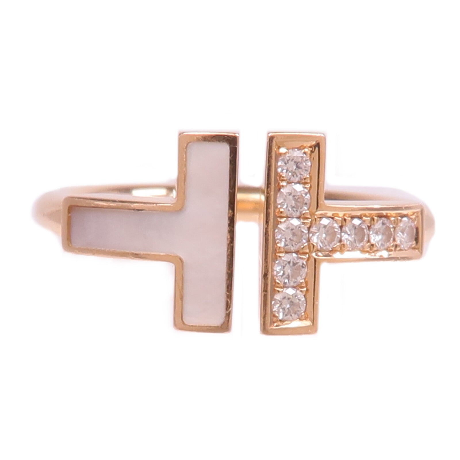 TIFFANY＆CO 18K玫瑰金T Wire Ring珍珠母貝/鑽石戒指US#4