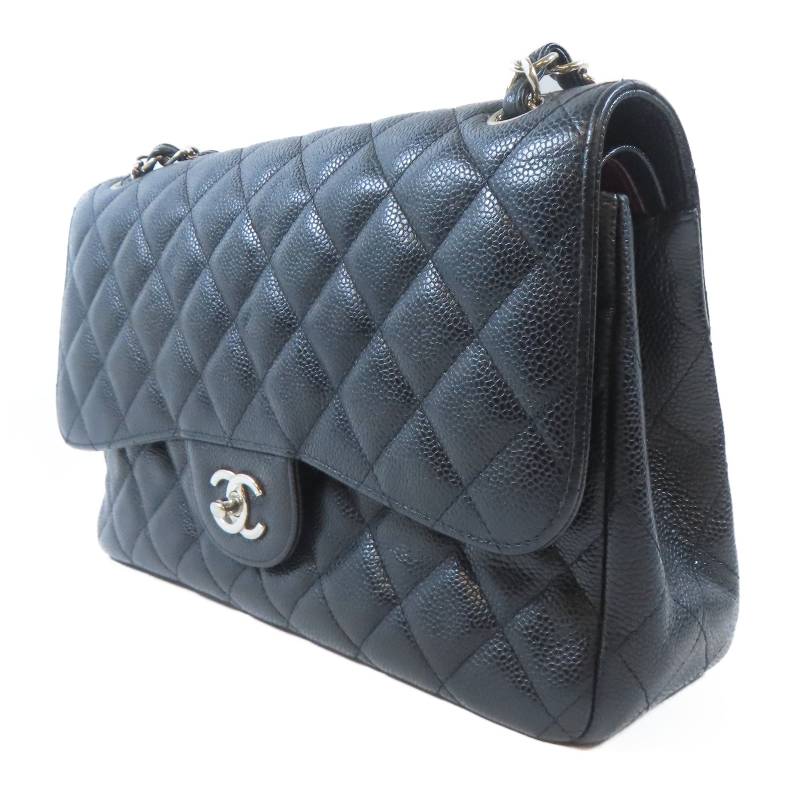 CHANEL 菱格牛皮皮革Jumbo Double Flap Classic Bag銀扣鏈帶肩背袋黑色