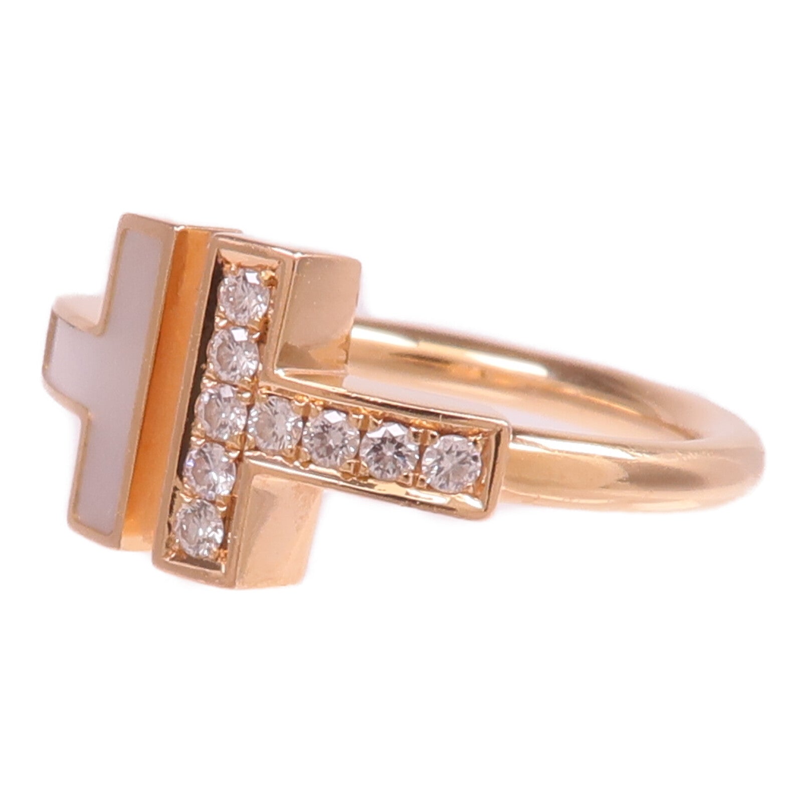 TIFFANY＆CO 18K玫瑰金T Wire Ring珍珠母貝/鑽石戒指US#4