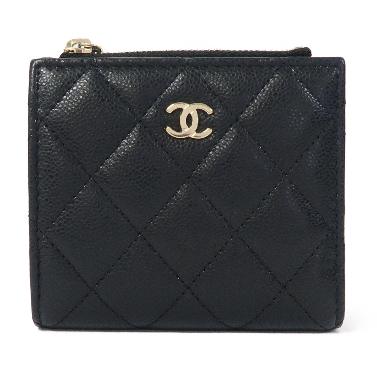 CHANEL 菱格Caviar皮革Wallet金扣錢包黑色