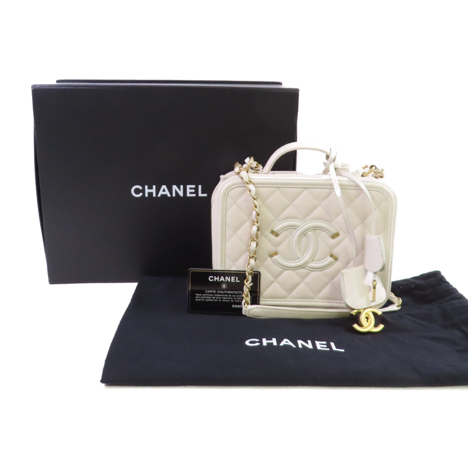 CHANEL 牛皮皮革Vanity Shoulder Bag金扣手挽肩背兩用袋白色