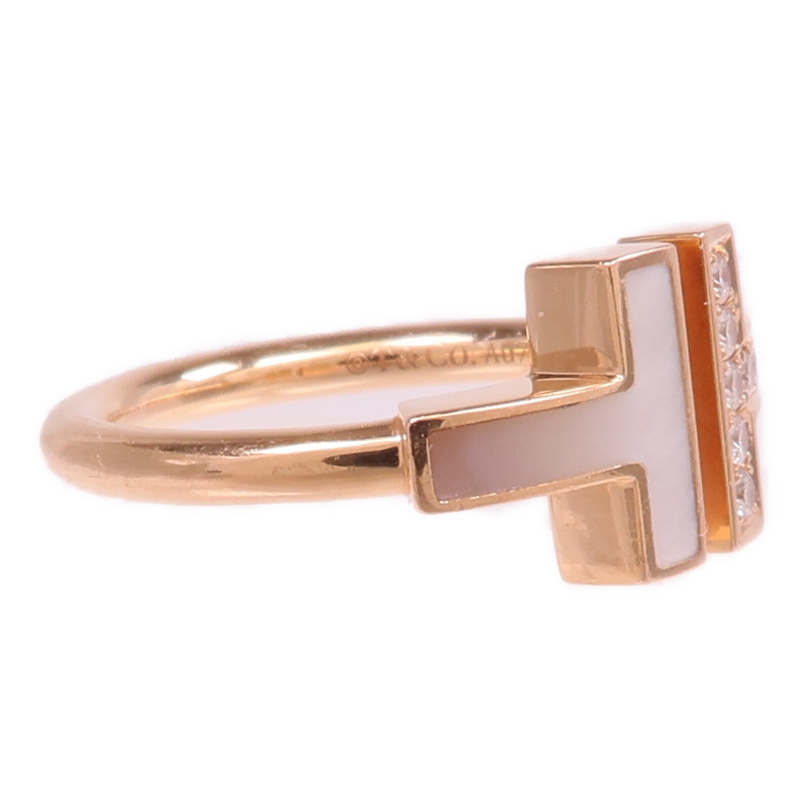 TIFFANY＆CO 18K玫瑰金T Wire Ring珍珠母貝/鑽石戒指US#4