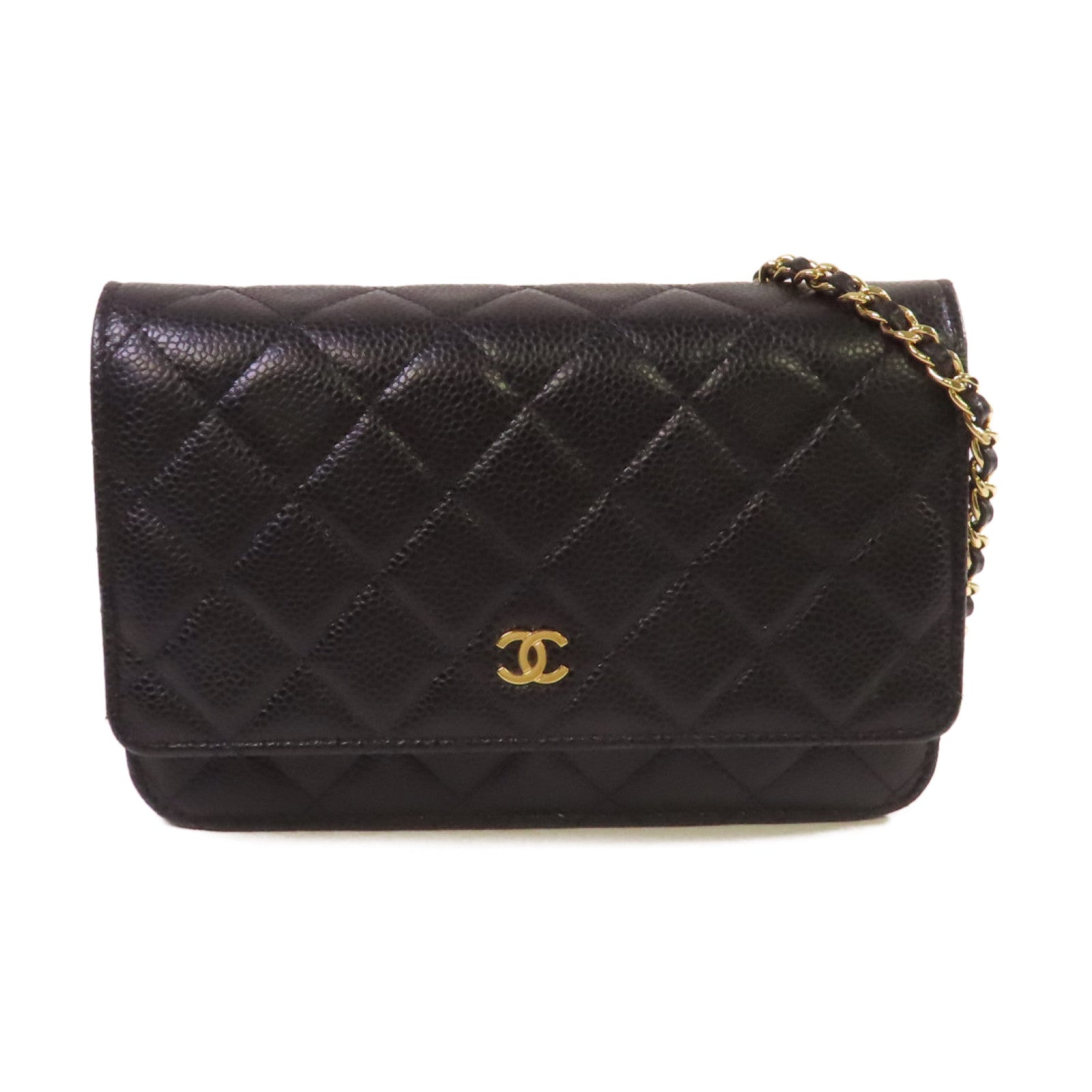CHANEL 菱格Caviar皮革WOC Wallet On Chain Shoulder Bag金扣鏈帶肩背袋黑色