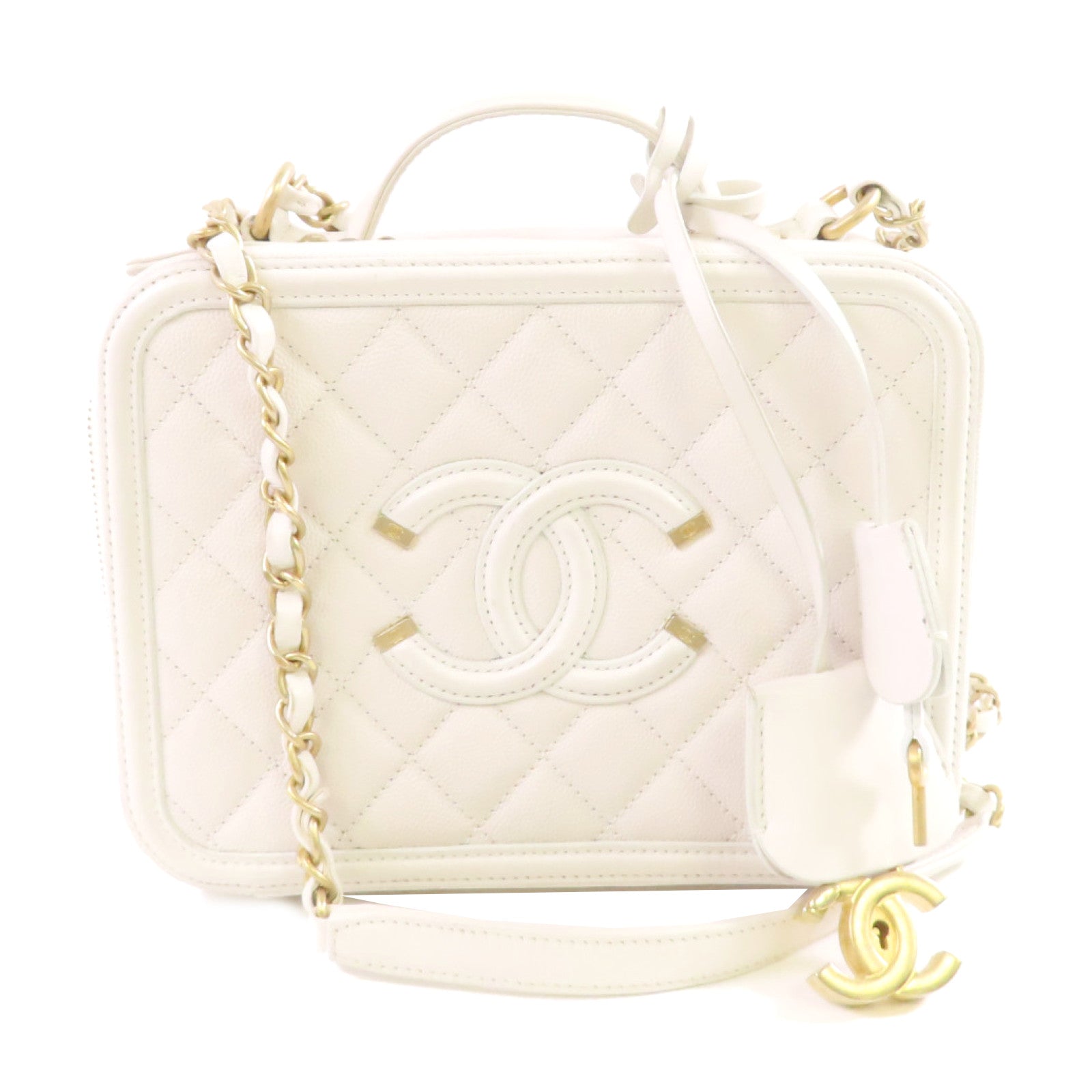 CHANEL 牛皮皮革Vanity Shoulder Bag金扣手挽肩背兩用袋白色