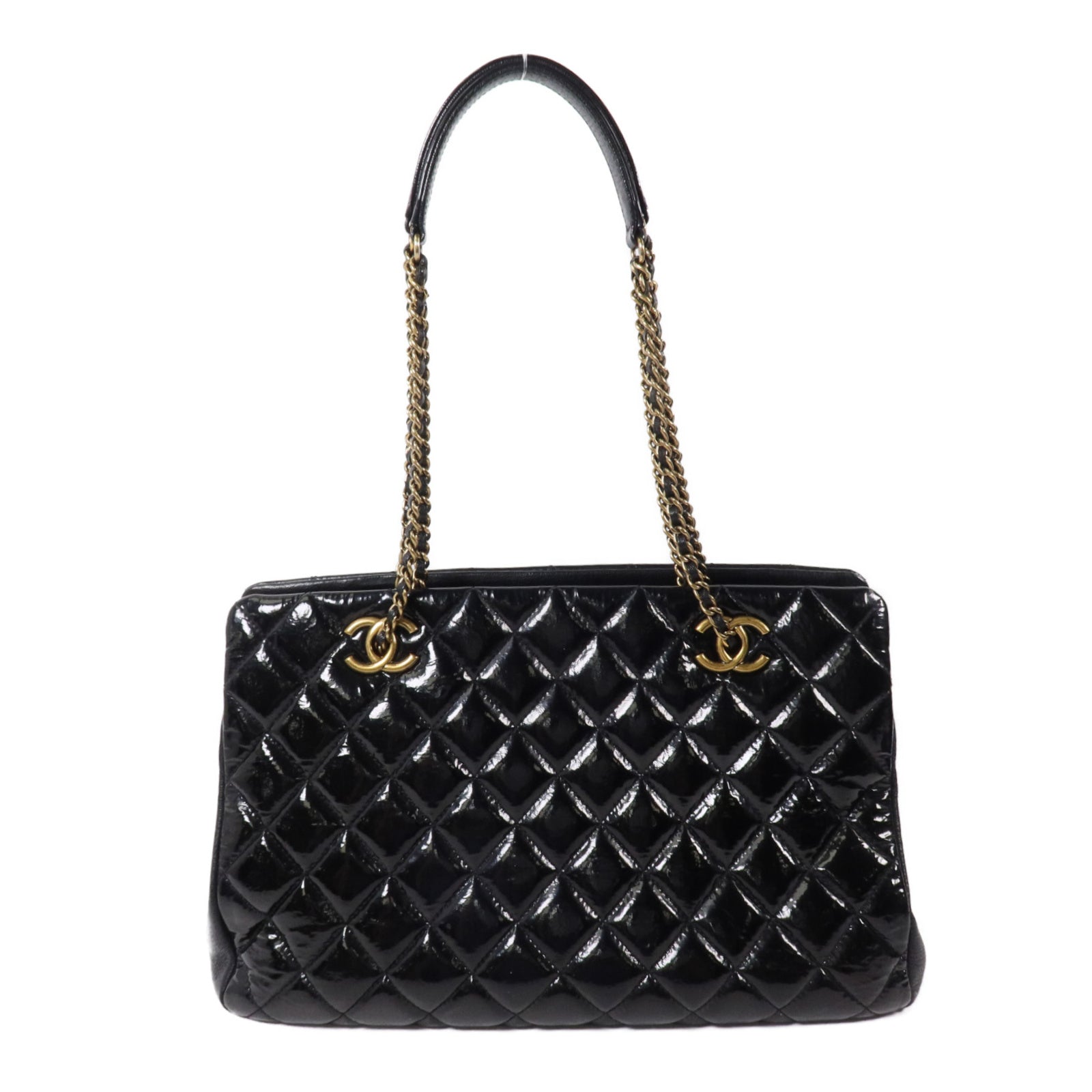 CHANEL 漆皮皮革/牛皮皮革CC Eyelet Tote鏈帶肩背袋