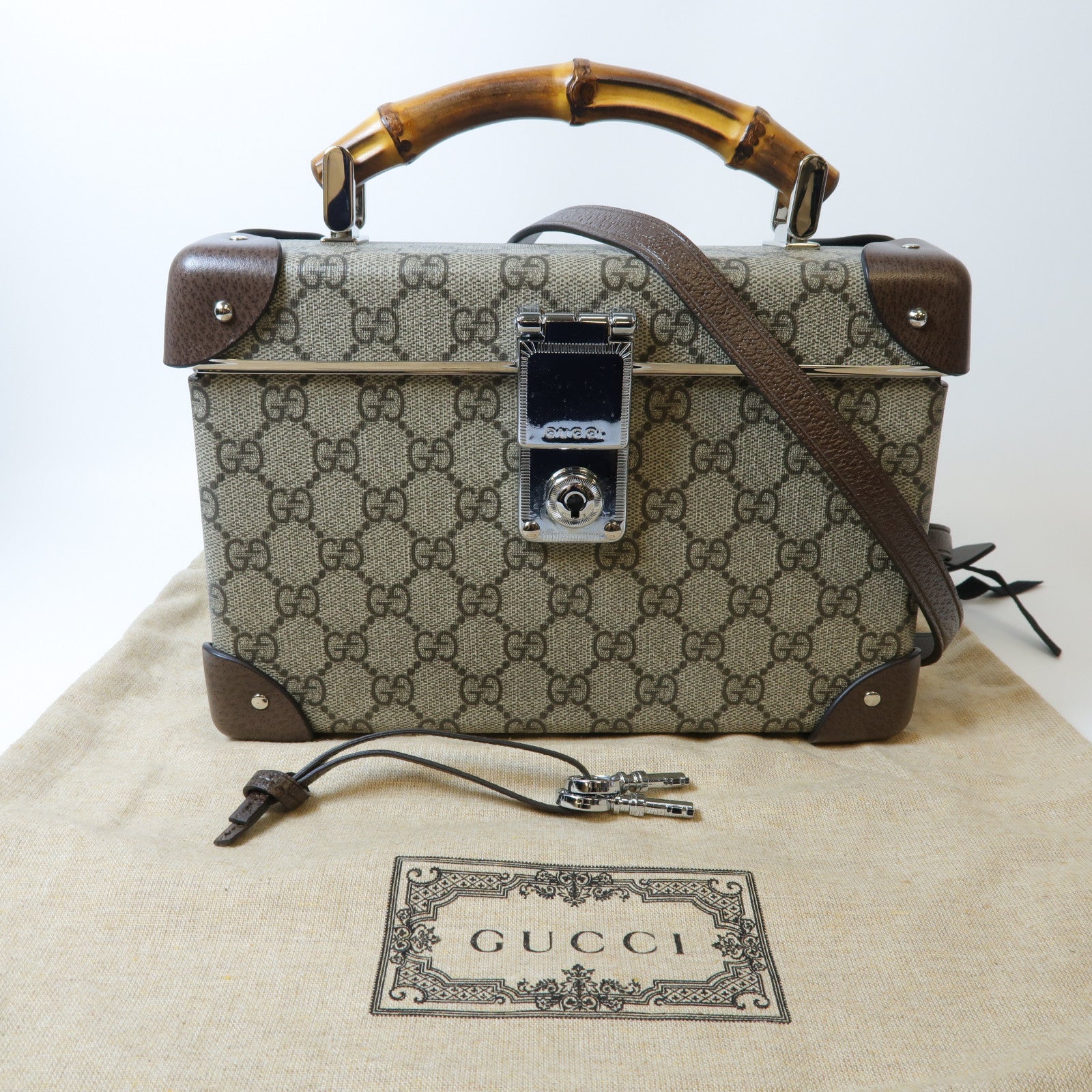 GUCCI GG帆布Globe-Trotter GG Beauty Case銀扣手挽肩背兩用袋/化妝箱啡色