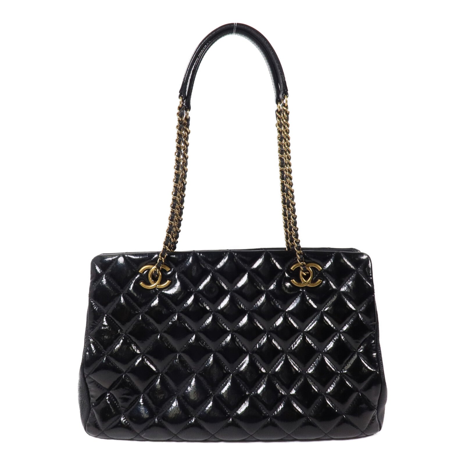 CHANEL 漆皮皮革/牛皮皮革CC Eyelet Tote鏈帶肩背袋