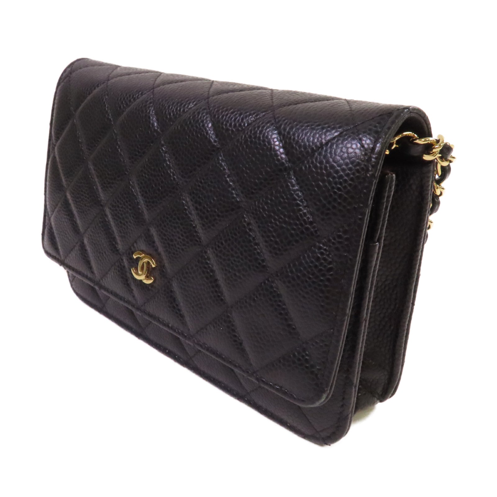 CHANEL 菱格Caviar皮革WOC Wallet On Chain Shoulder Bag金扣鏈帶肩背袋黑色
