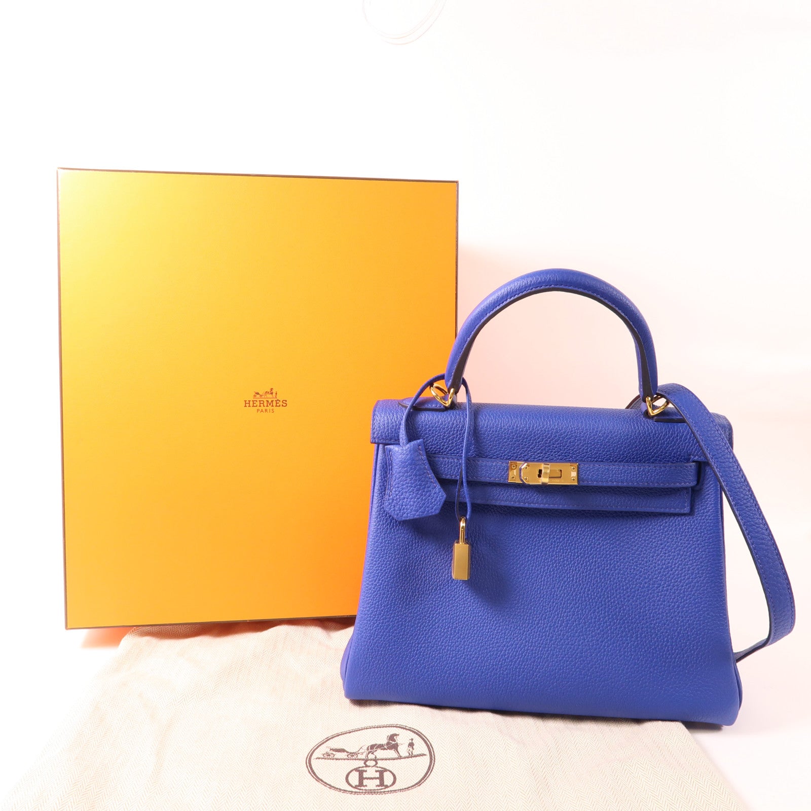 HERMES Togo皮革Kelly 25金扣手挽肩背兩用袋Bleu Royal