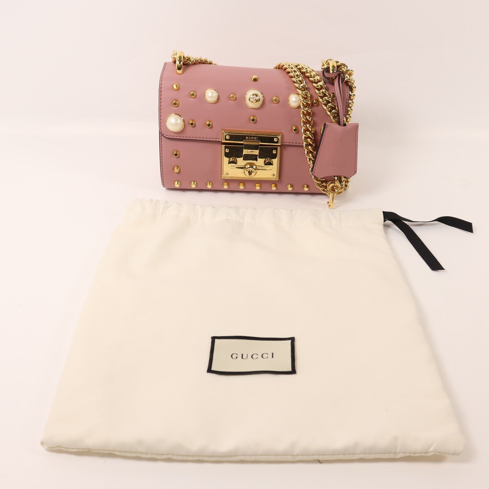GUCCI 牛皮皮革Padlock Pearl Bag金扣鏈帶肩背袋