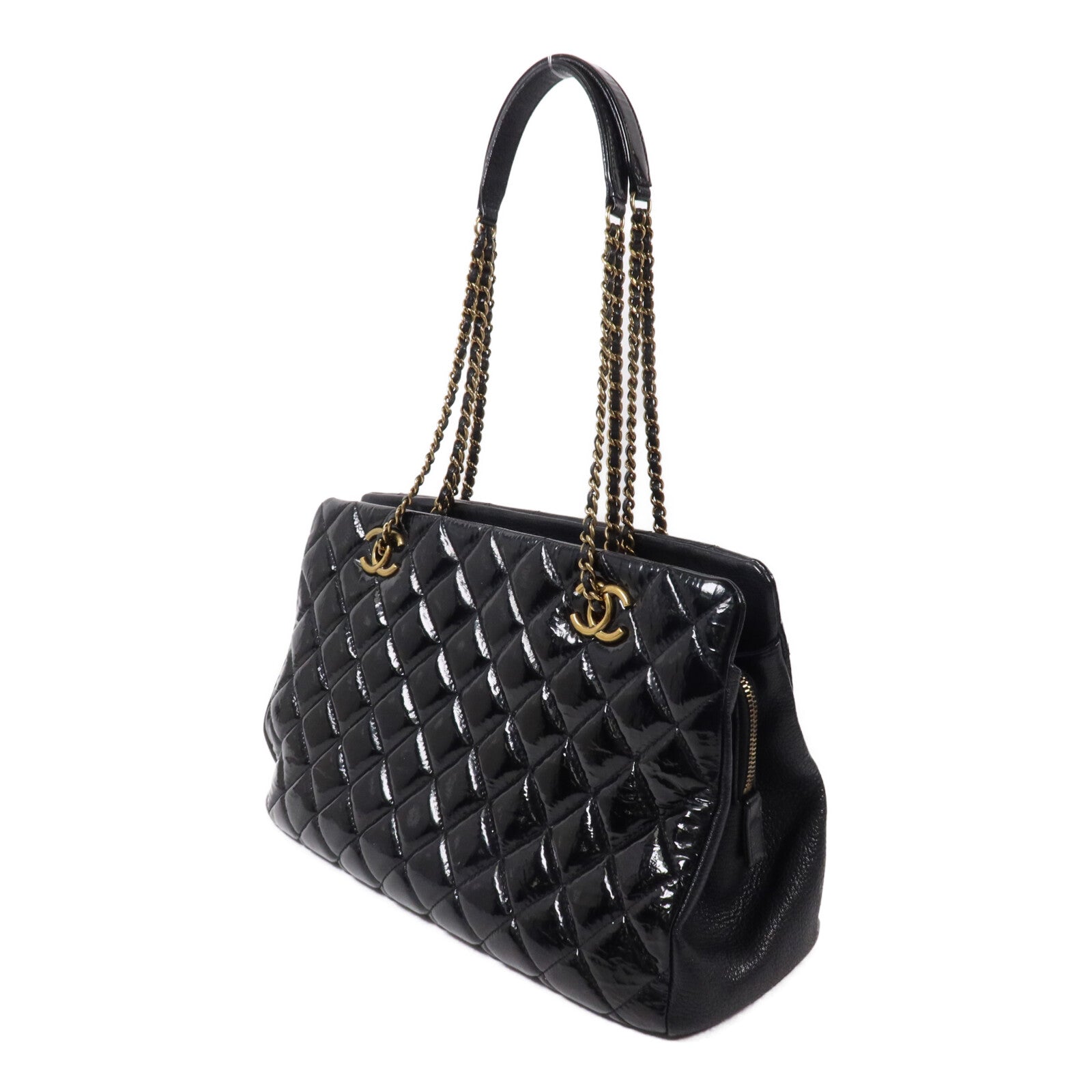 CHANEL 漆皮皮革/牛皮皮革CC Eyelet Tote鏈帶肩背袋
