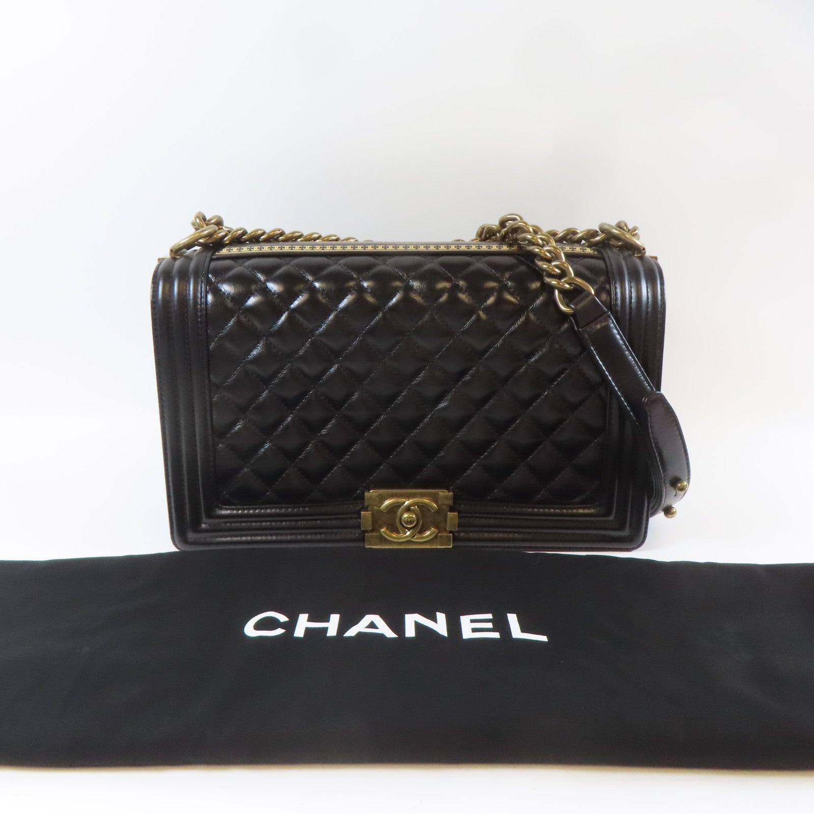 CHANEL 【激減優惠】菱格牛皮皮革Boy Chanel金扣鏈帶肩背袋黑色