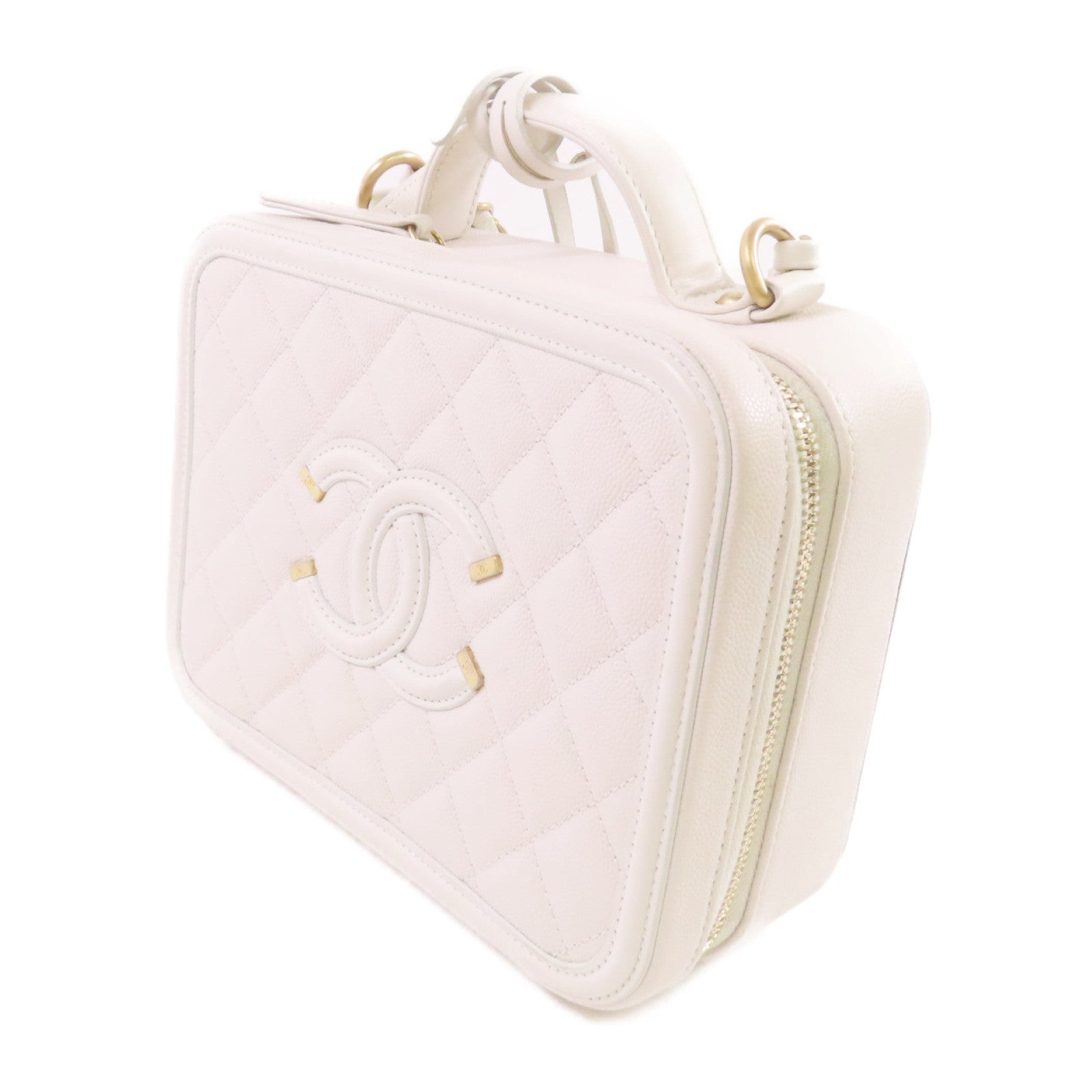 CHANEL 牛皮皮革Vanity Shoulder Bag金扣手挽肩背兩用袋白色