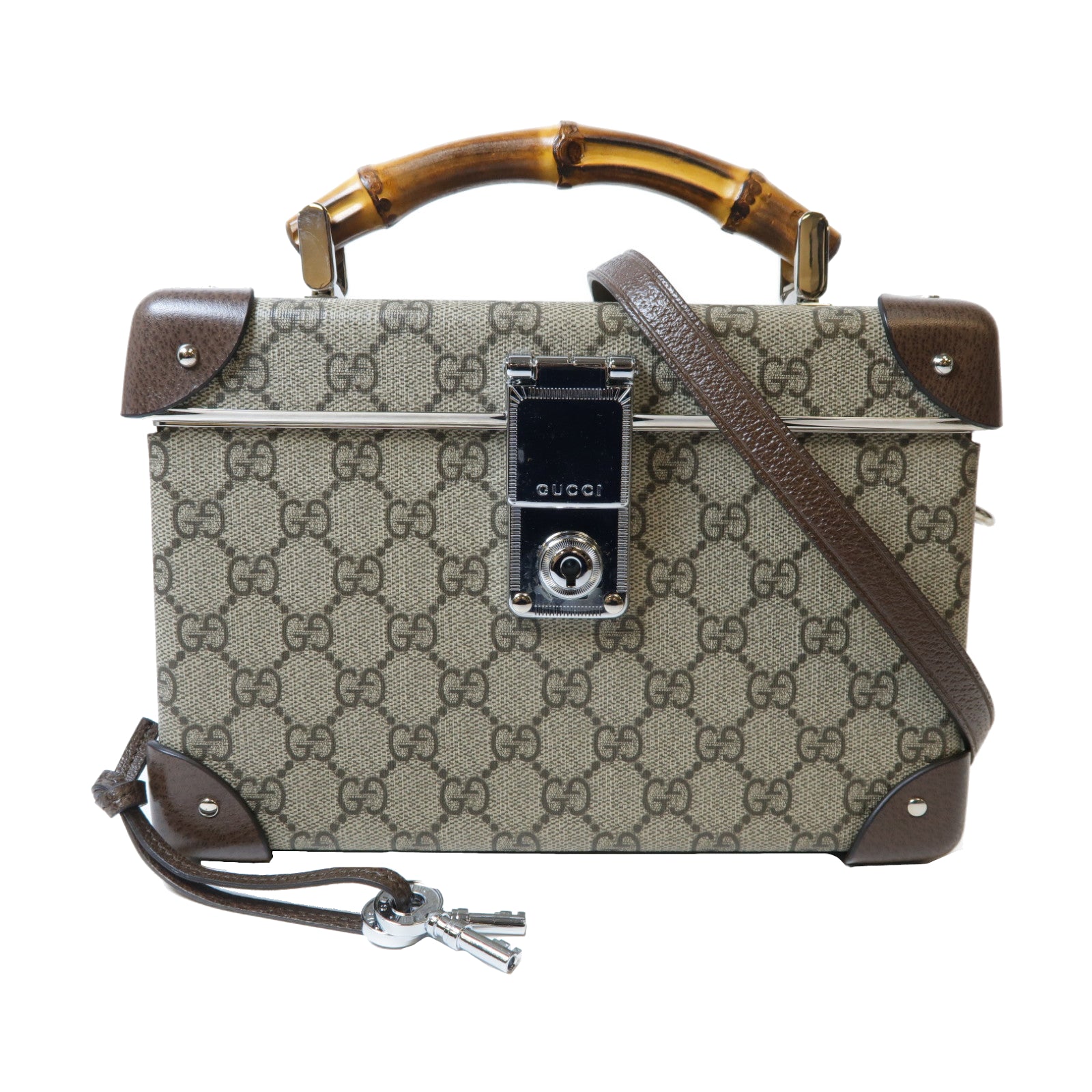 GUCCI GG帆布Globe-Trotter GG Beauty Case銀扣手挽肩背兩用袋/化妝箱啡色