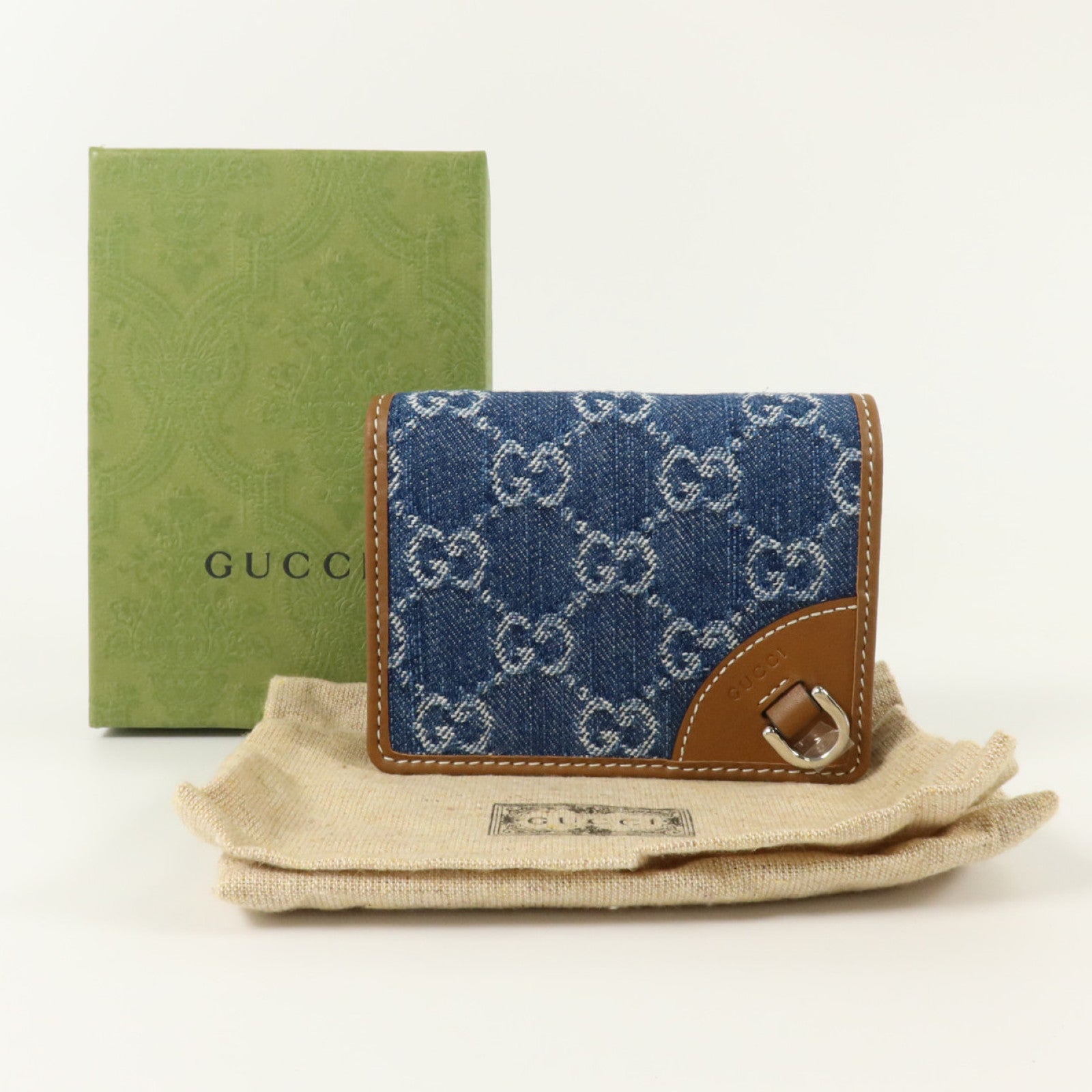 GUCCI 牛仔布/牛皮皮革GG Emblem Small金扣錢包