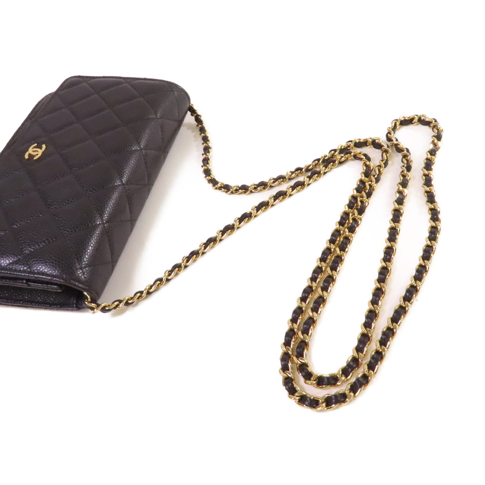 CHANEL 菱格Caviar皮革WOC Wallet On Chain Shoulder Bag金扣鏈帶肩背袋黑色