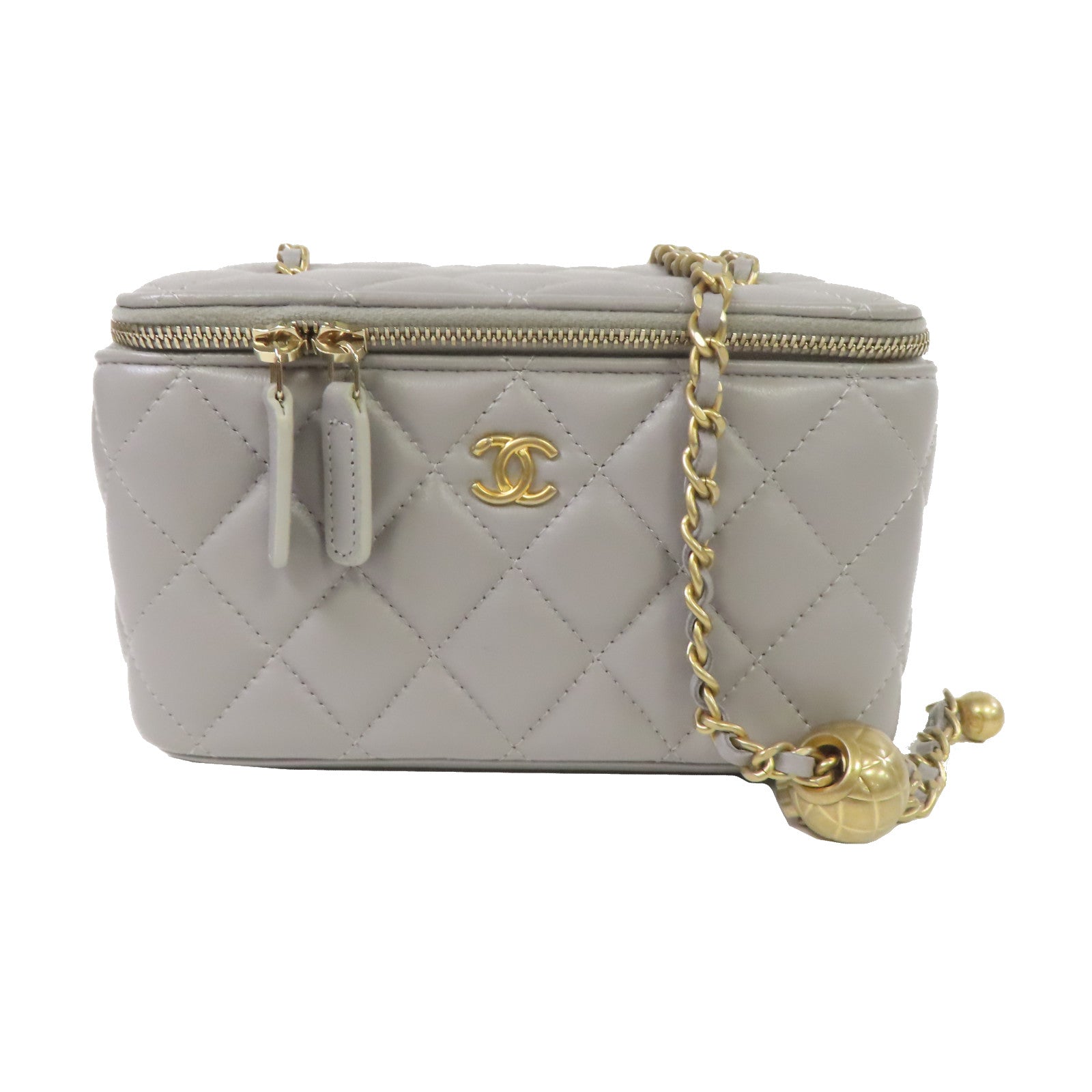 CHANEL 菱格羊皮皮革Vanity Case金扣鏈帶肩背袋灰色