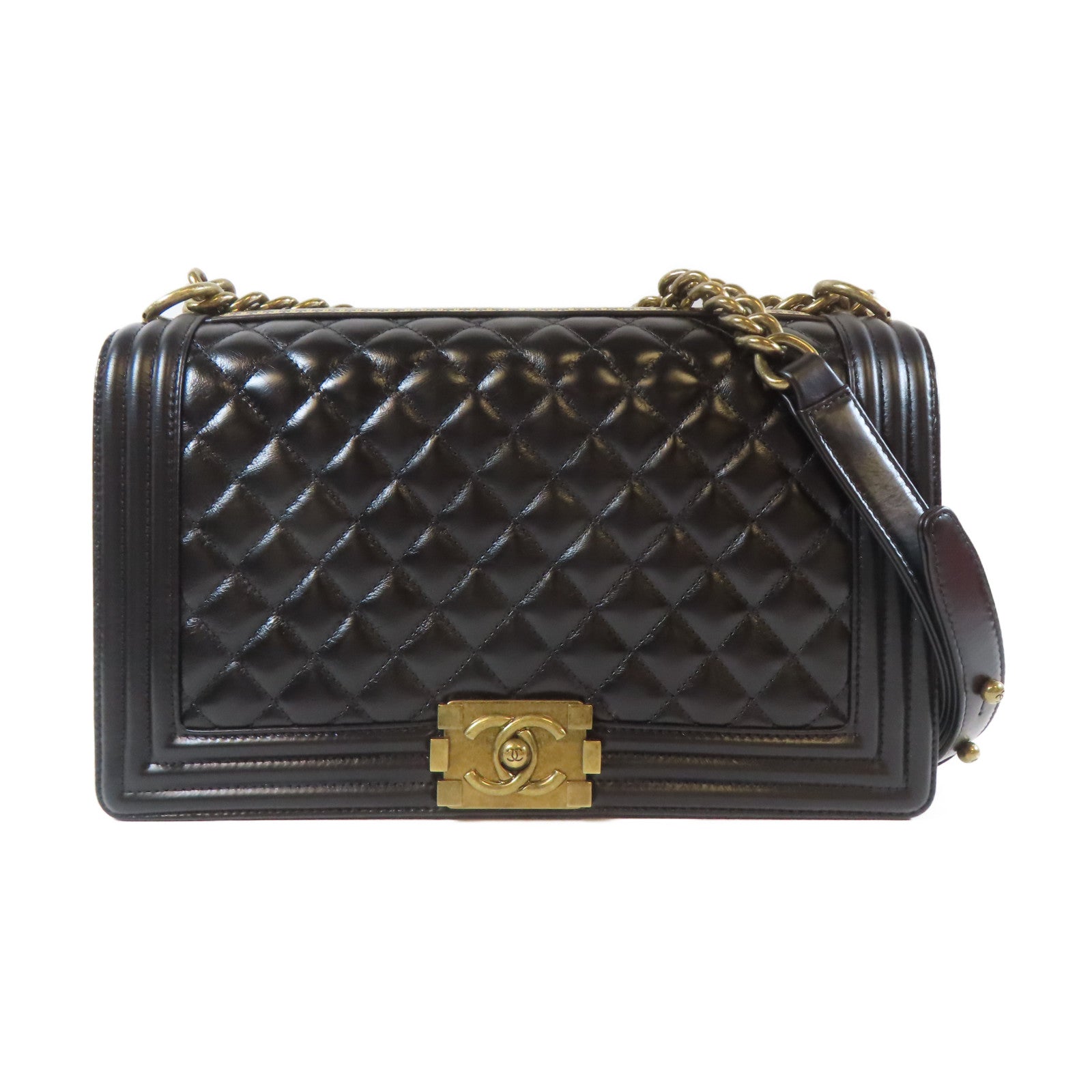 CHANEL 【激減優惠】菱格牛皮皮革Boy Chanel金扣鏈帶肩背袋黑色