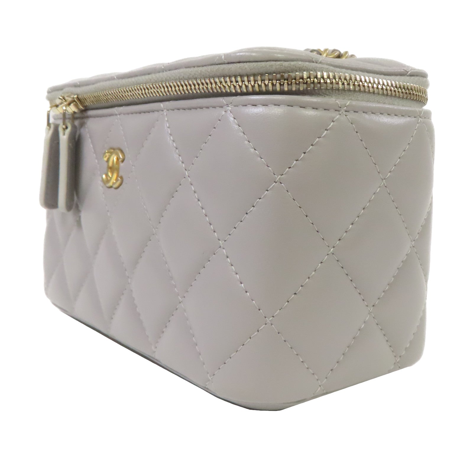 CHANEL 菱格羊皮皮革Vanity Case金扣鏈帶肩背袋灰色